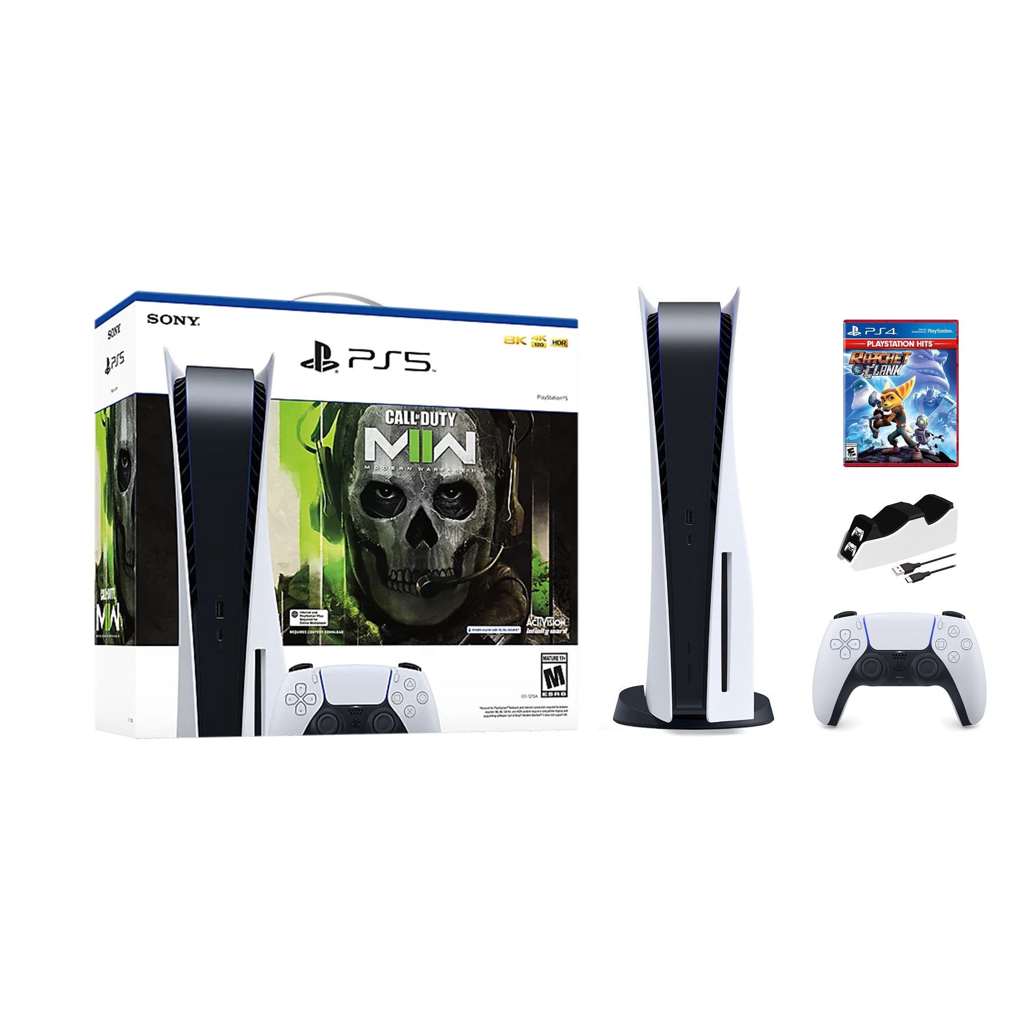 PlayStation 5 Disc Edition Call of Duty Modern Warfare II Bundle with Ratchet & Clank and Mytrix Controller Charger