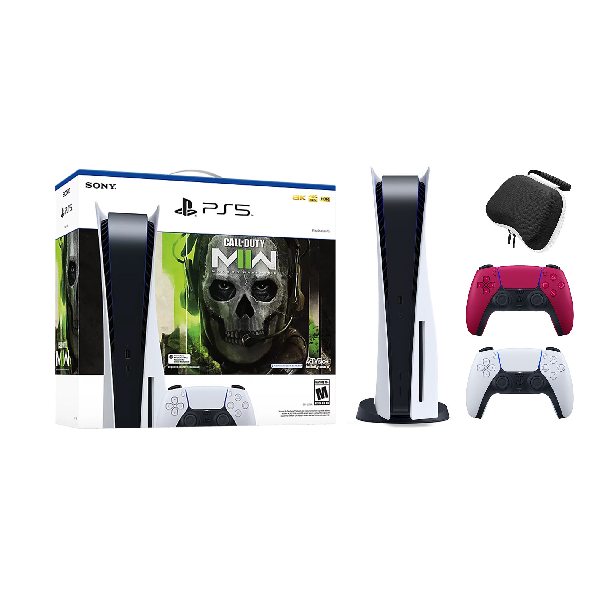 PlayStation 5 Disc Edition Call of Duty Modern Warfare II Bundle with Two Controllers White and Cosmic Red DualSense and Mytrix Hard Shell Protective Controller Case