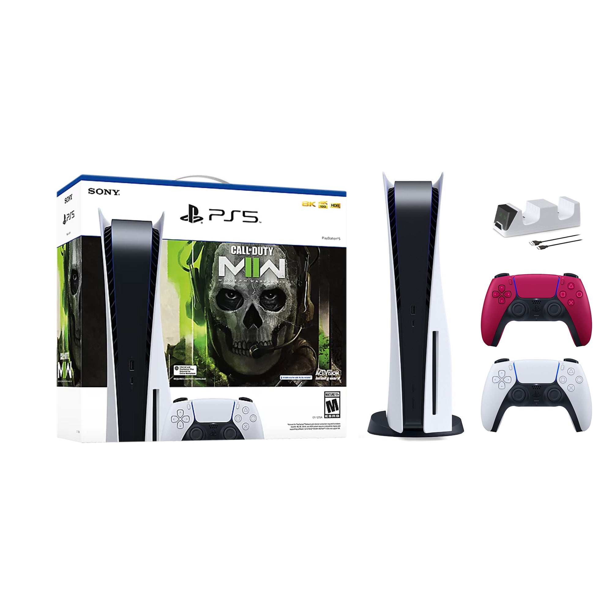 PlayStation 5 Disc Edition Call of Duty Modern Warfare II Bundle with Two Controllers White and Cosmic Red DualSense and Mytrix Dual Controller Charger