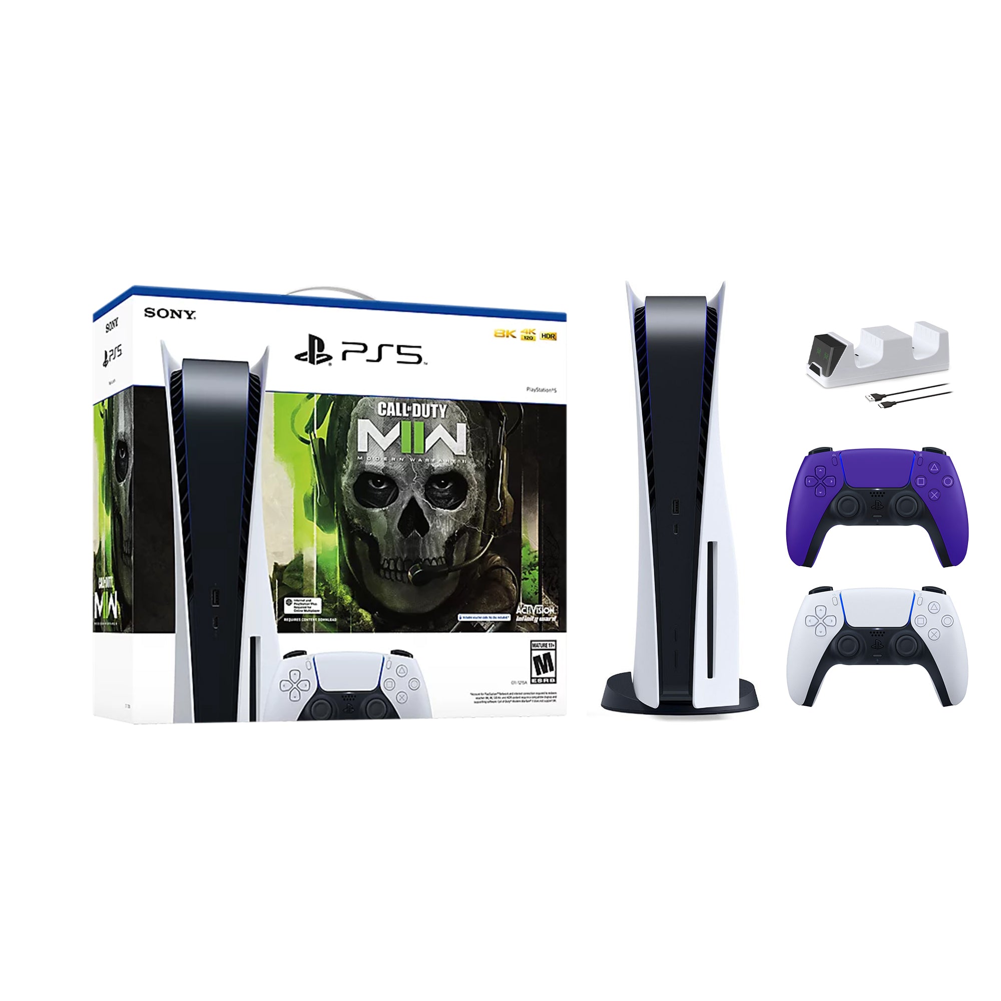PlayStation 5 Disc Edition Call of Duty Modern Warfare II Bundle with Two Controllers White and Galactic Purple DualSense and Mytrix Dual Controller Charger
