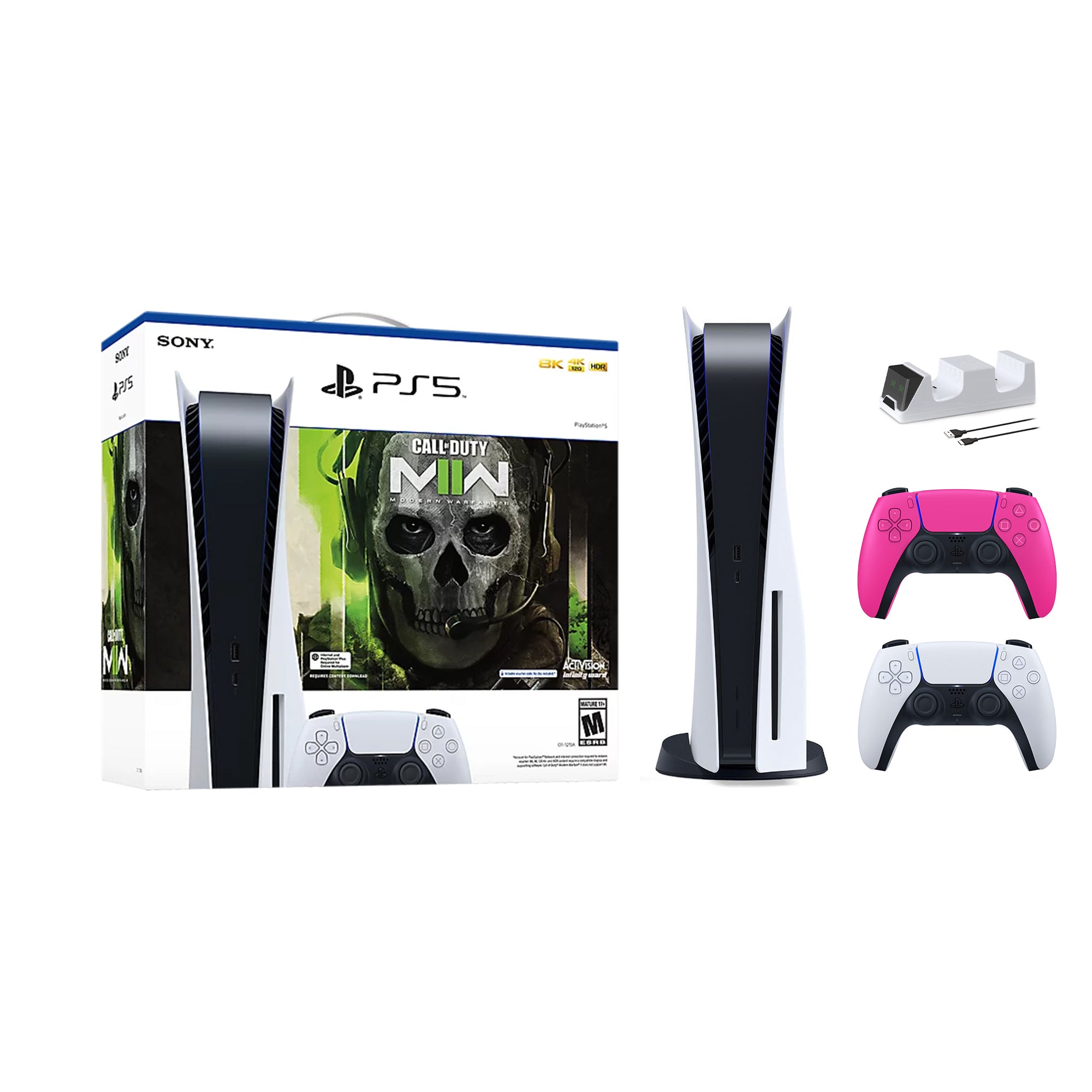 PlayStation 5 Disc Edition Call of Duty Modern Warfare II Bundle with Two Controllers White and Nova Pink DualSense and Mytrix Dual Controller Charger