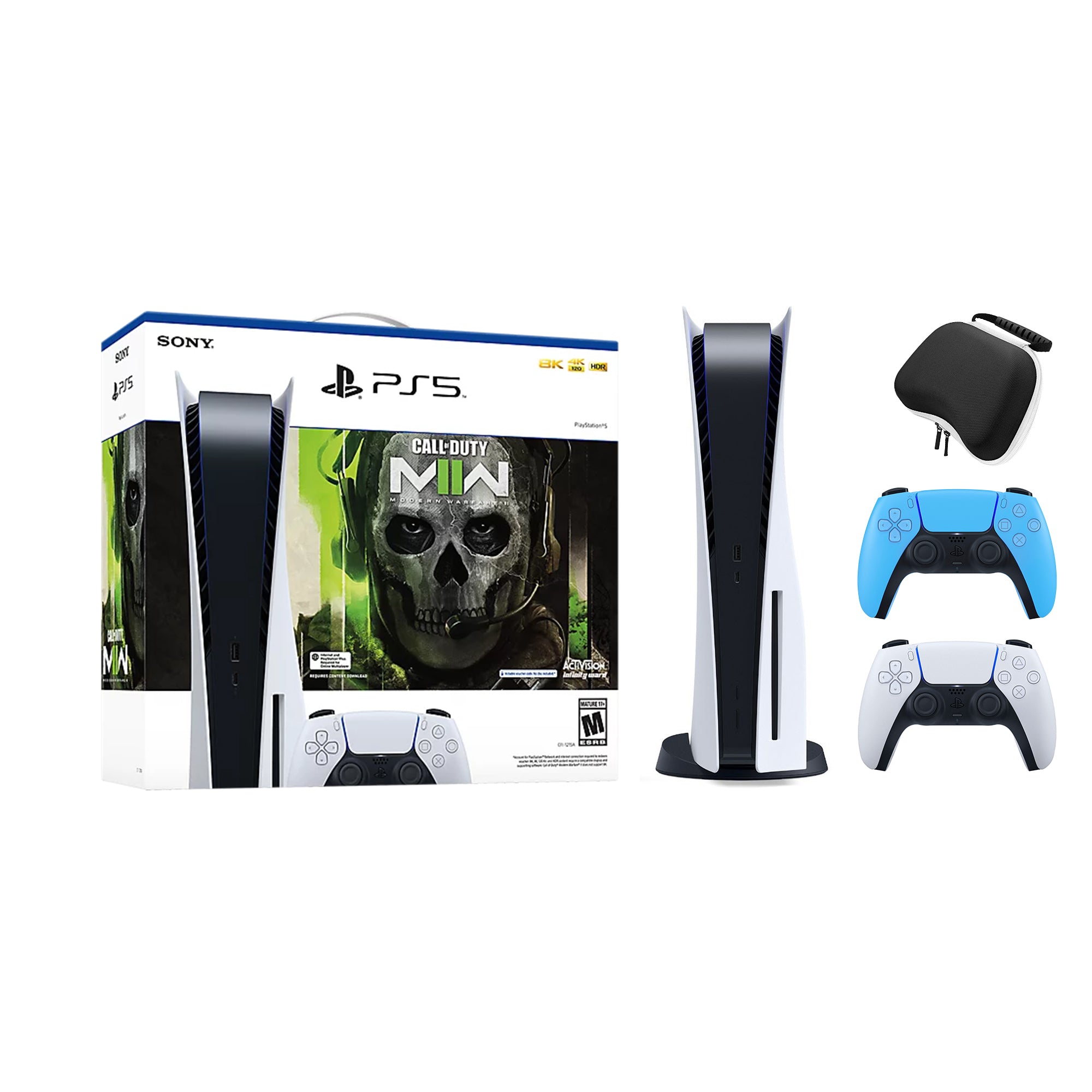PlayStation 5 Disc Edition Call of Duty Modern Warfare II Bundle with Two Controllers White and Starlight Blue DualSense and Mytrix Hard Shell Protective Controller Case