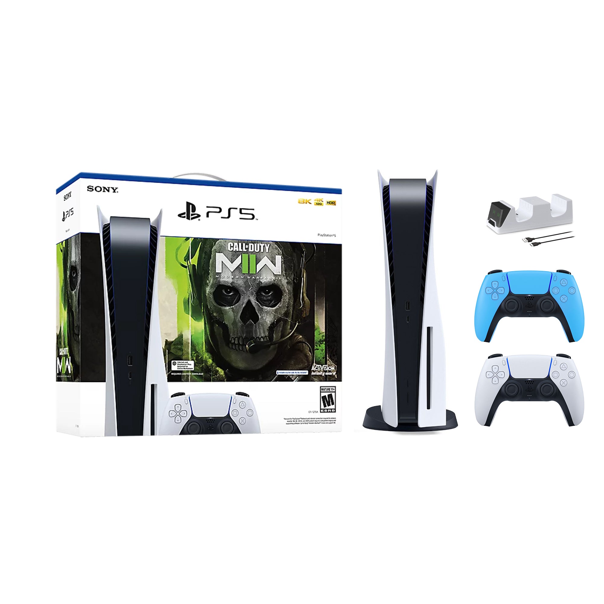PlayStation 5 Disc Edition Call of Duty Modern Warfare II Bundle with Two Controllers White and Starlight Blue DualSense and Mytrix Dual Controller Charger
