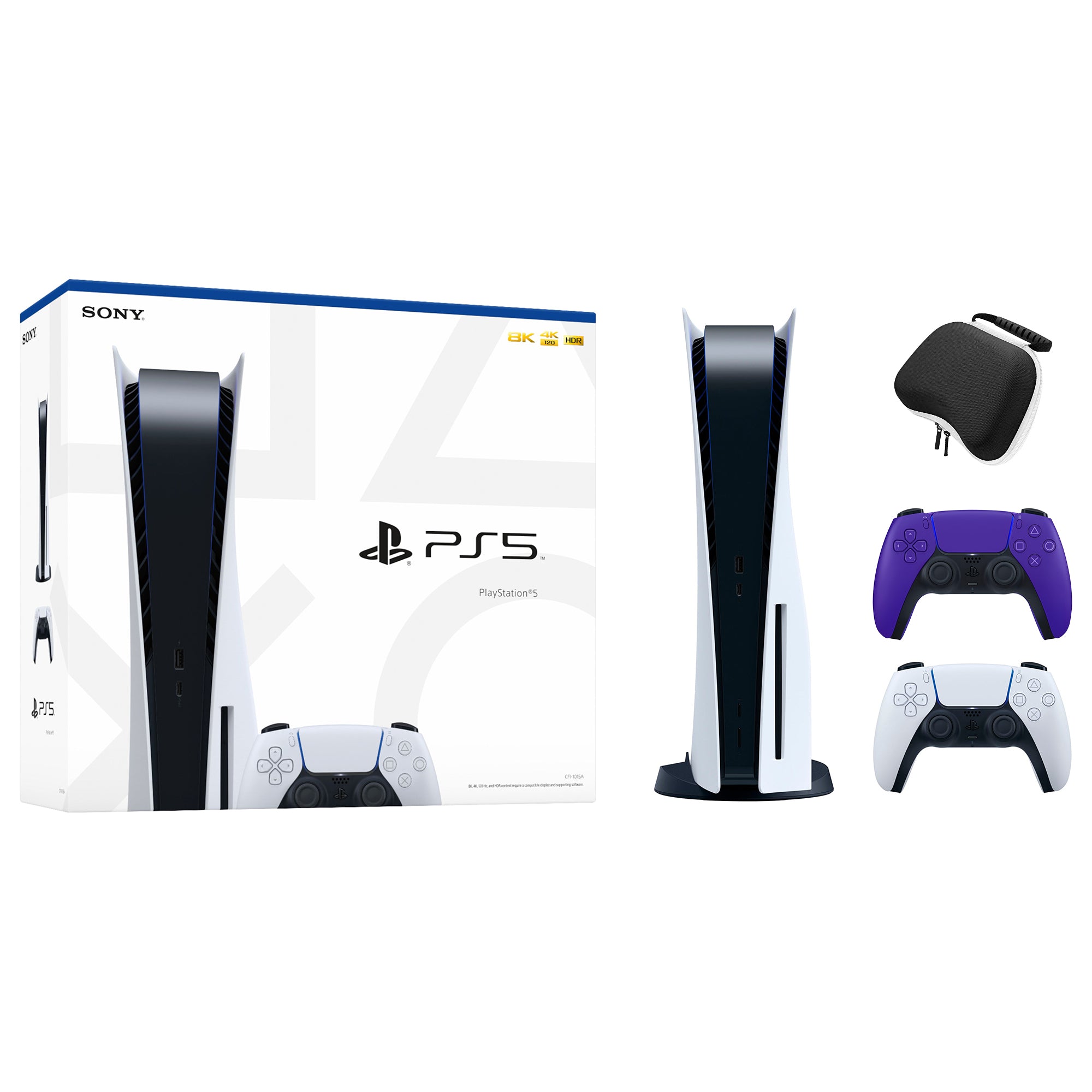 PlayStation 5 Disc Edition with Two Controllers White and Galactic Purple DualSense and Mytrix Hard Shell Protective Controller Case - PS5 Gaming Console