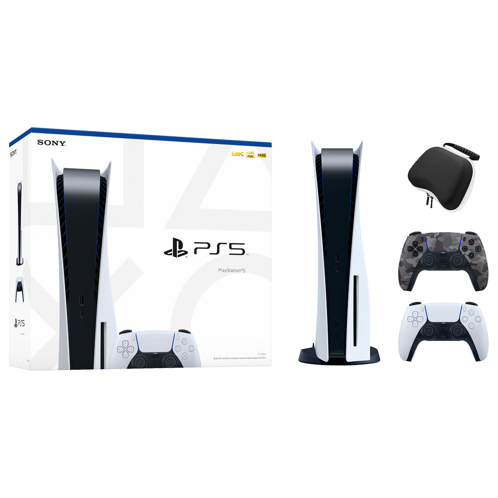 PlayStation 5 Disc Edition with Two Controllers White and Gray Camouflage DualSense and Mytrix Hard Shell Protective Controller Case - PS5 Gaming Console
