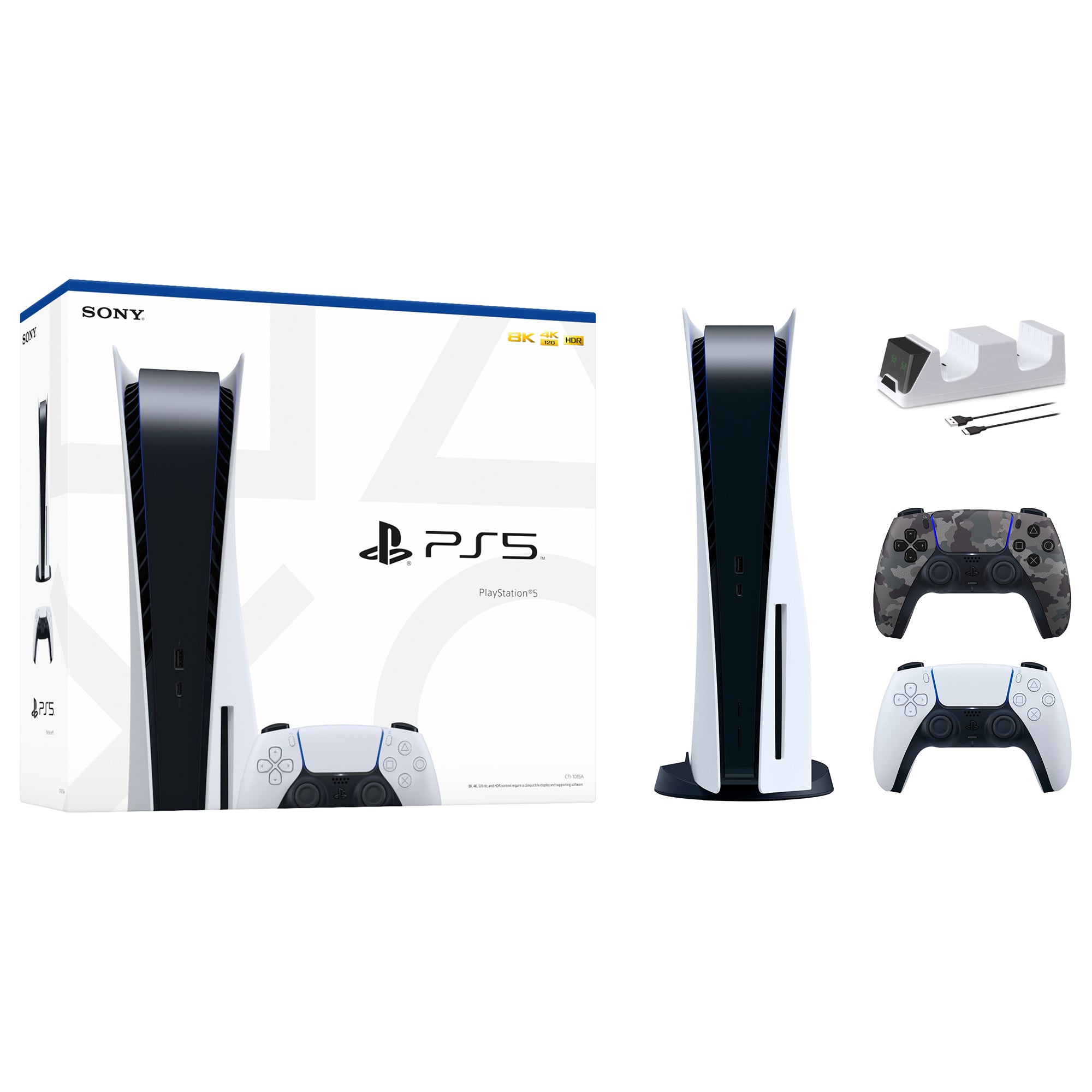 PlayStation 5 Disc Edition with Two Controllers White and Gray Camouflage DualSense and Mytrix Dual Controller Charger - PS5 Gaming Console