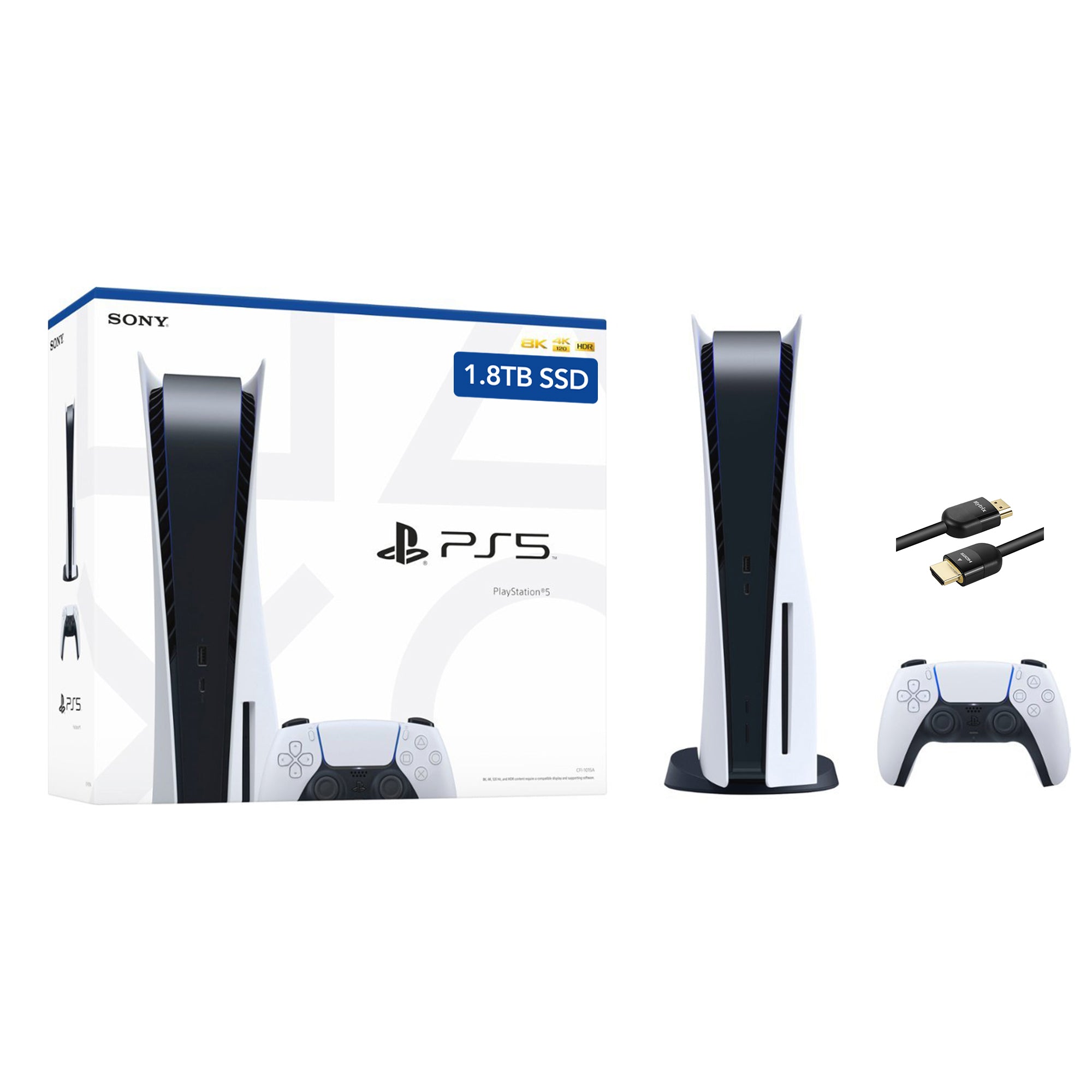 PlayStation 5 Upgraded 1.8TB Disc Edition and Mytrix 8K HDMI Ultra High Speed Cable - White, PS5 Gaming Console