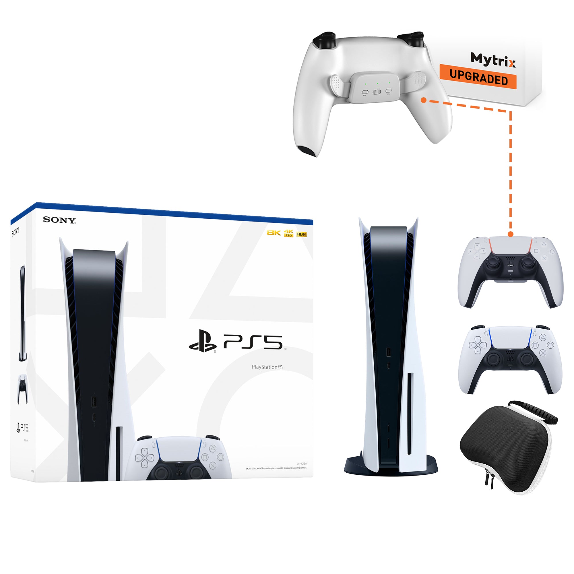 PlayStation 5 Disc Edition Bundle with Additional Mytrix Upgraded PS5 Controller with Remappable Back Paddles and Turbo Function, and Hard Shell Protective Controller Case - PS5 Console