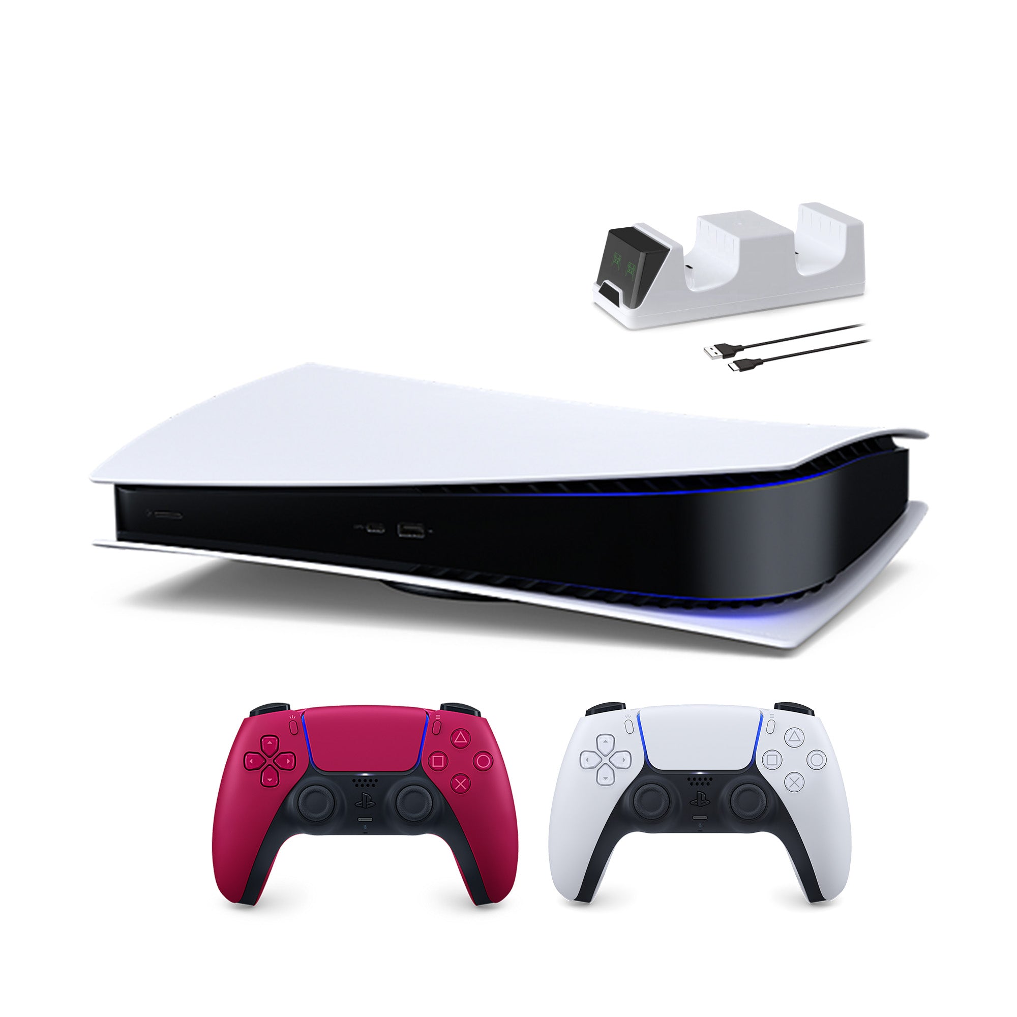 PlayStation 5 Digital Edition with Two Controllers White and Cosmic Red DualSense and Mytrix Dual Controller Charger - PS5 Gaming Console