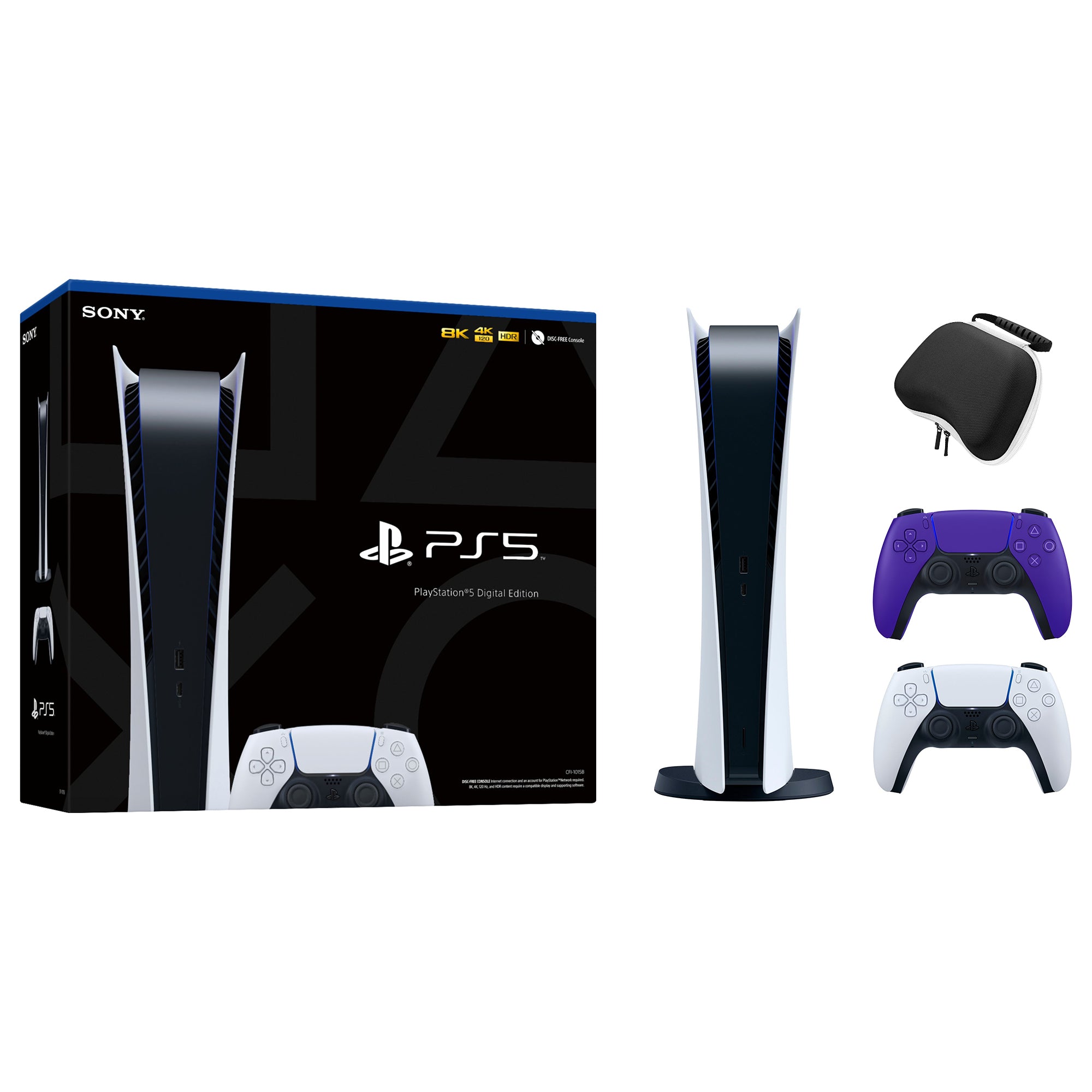 PlayStation 5 Digital Edition with Two Controllers White and Galactic Purple DualSense and Mytrix Hard Shell Protective Controller Case - PS5 Gaming Console