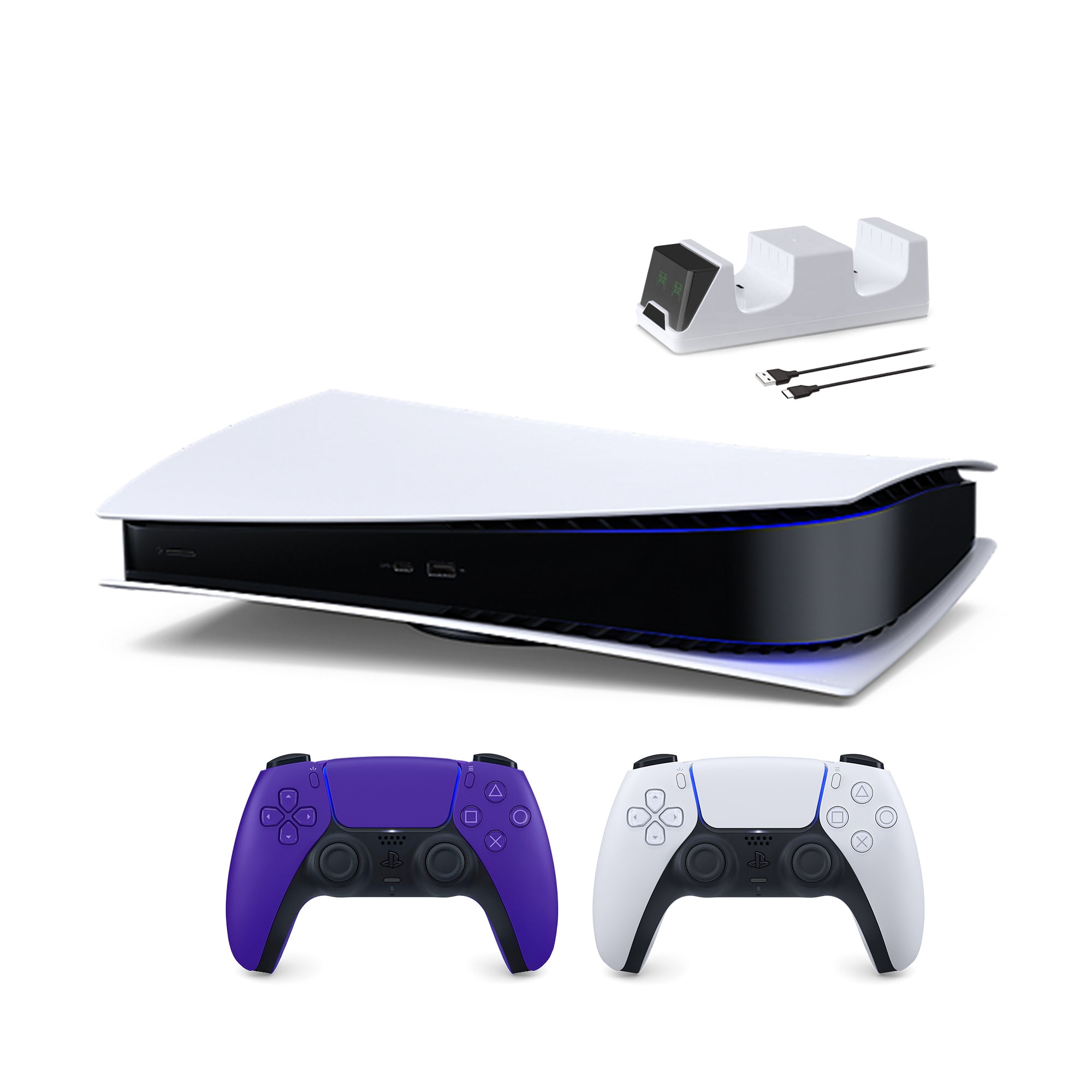 PlayStation 5 Digital Edition with Two Controllers White and Galactic Purple DualSense and Mytrix Dual Controller Charger - PS5 Gaming Console