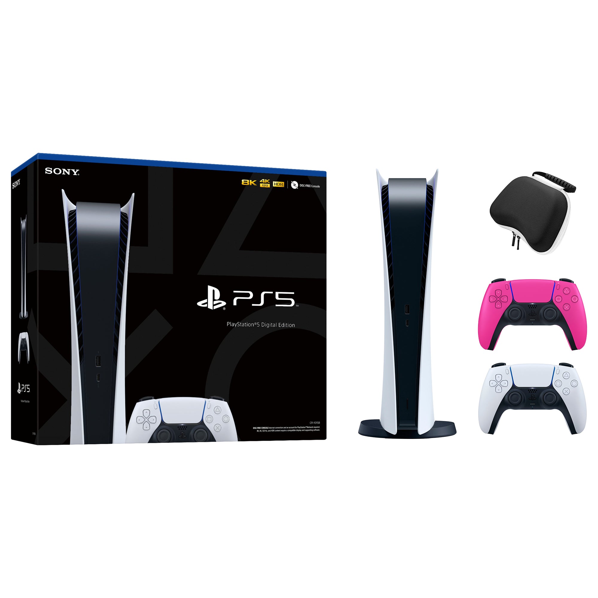 PlayStation 5 Digital Edition with Two Controllers White and Nova Pink DualSense and Mytrix Hard Shell Protective Controller Case - PS5 Gaming Console
