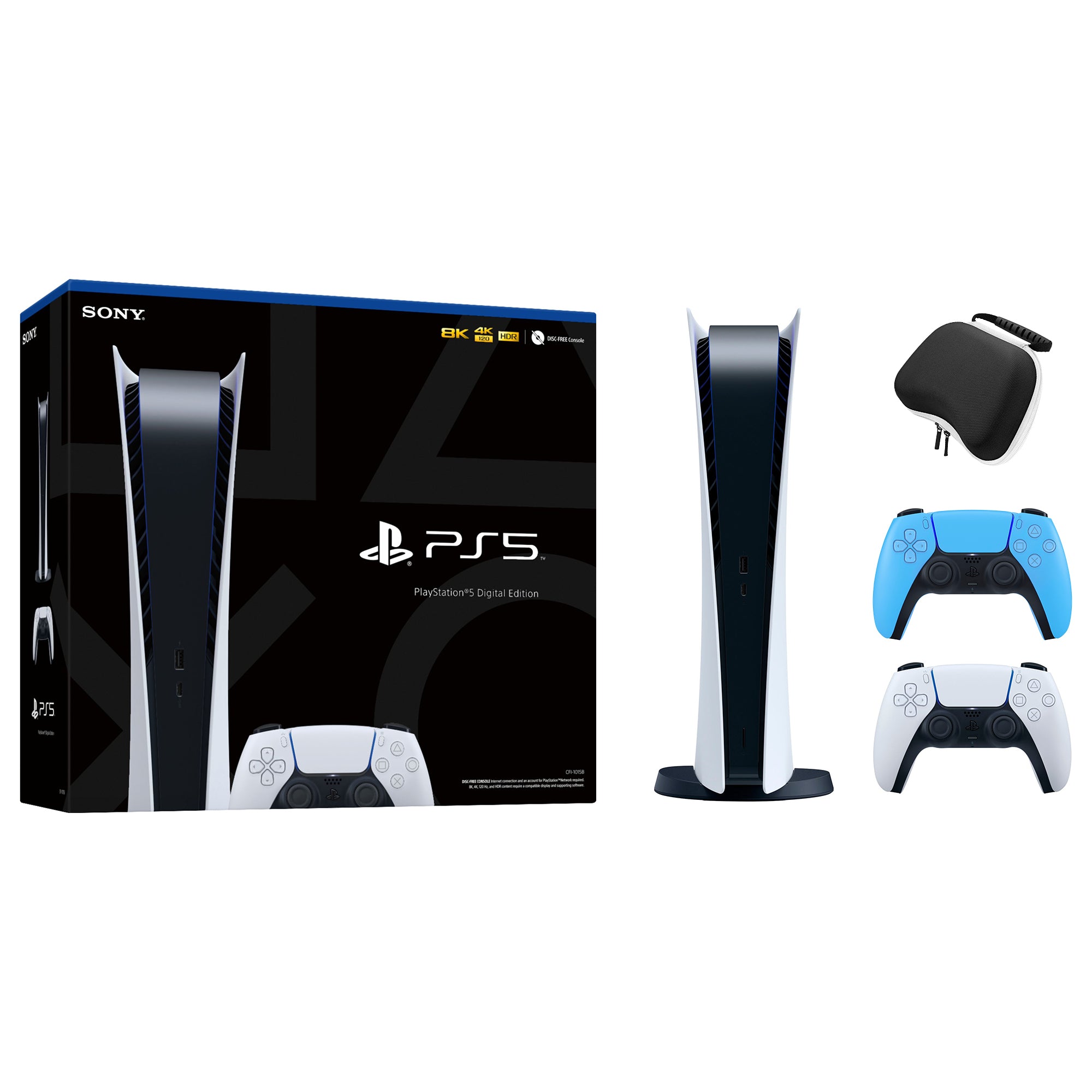 PlayStation 5 Digital Edition with Two Controllers White and Starlight Blue DualSense and Mytrix Hard Shell Protective Controller Case - PS5 Gaming Console