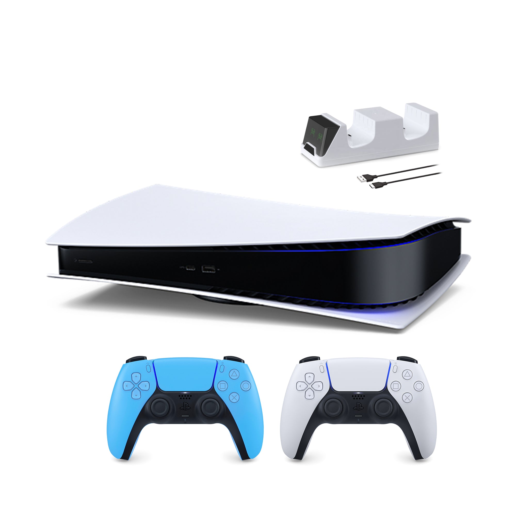 PlayStation 5 Digital Edition with Two Controllers White and Starlight Blue DualSense and Mytrix Dual Controller Charger - PS5 Gaming Console
