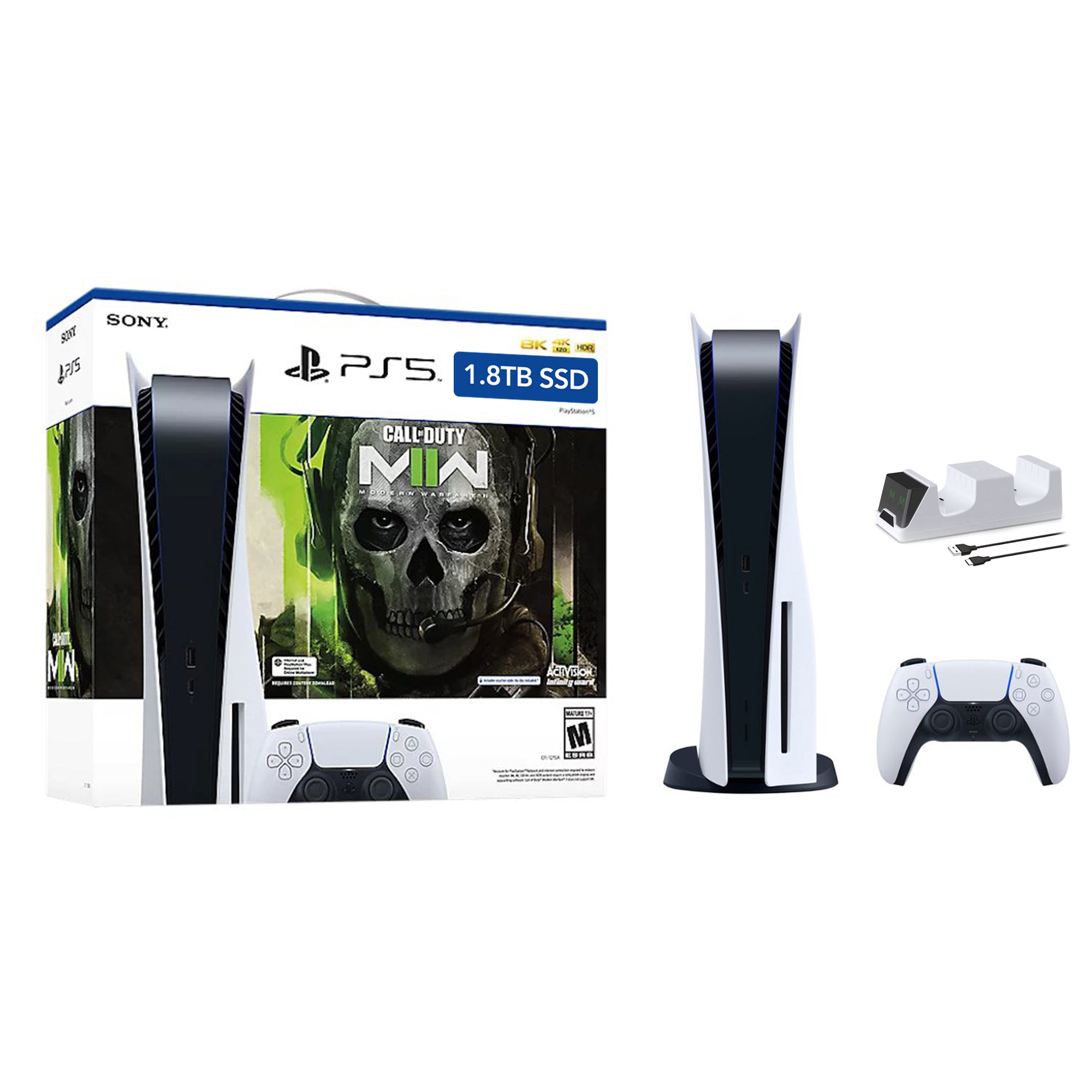 PlayStation 5 Upgraded 1.8TB Disc Edition Call of Duty Modern Warfare II Bundle and Mytrix Controller Charger - White, PS5 Gaming Console