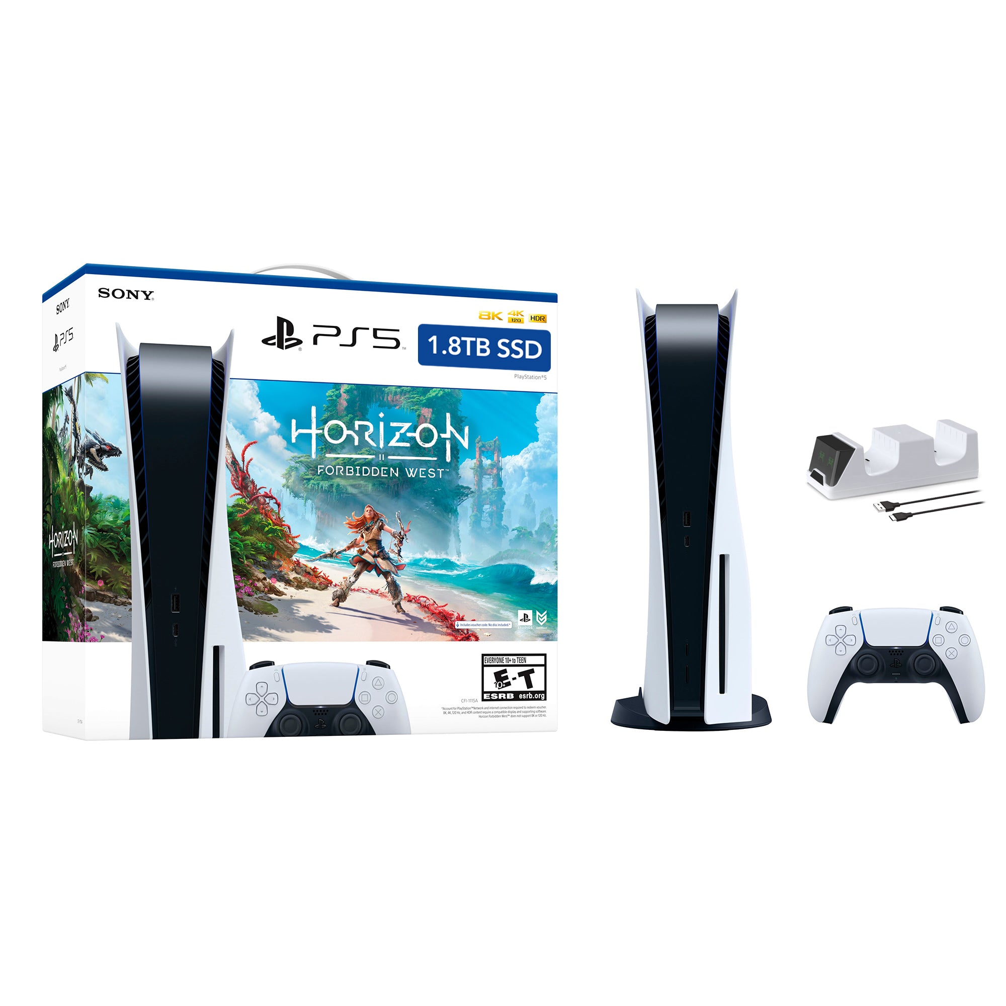 PlayStation 5 Upgraded 1.8TB Disc Edition Horizon Forbidden West Bundle and Mytrix Controller Charger - White, PS5 Gaming Console