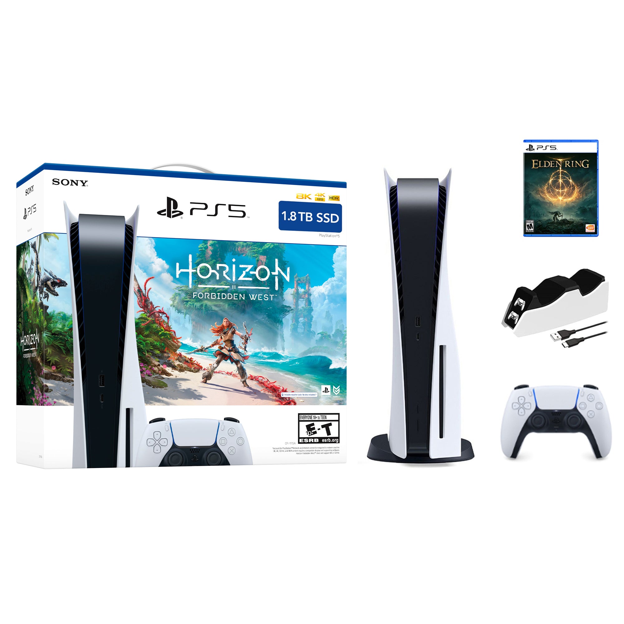 Playstation 5 1.8TB Upgraded Horizon Forbidden West Bundle with Elden Ring and Mytrix Controller Charger