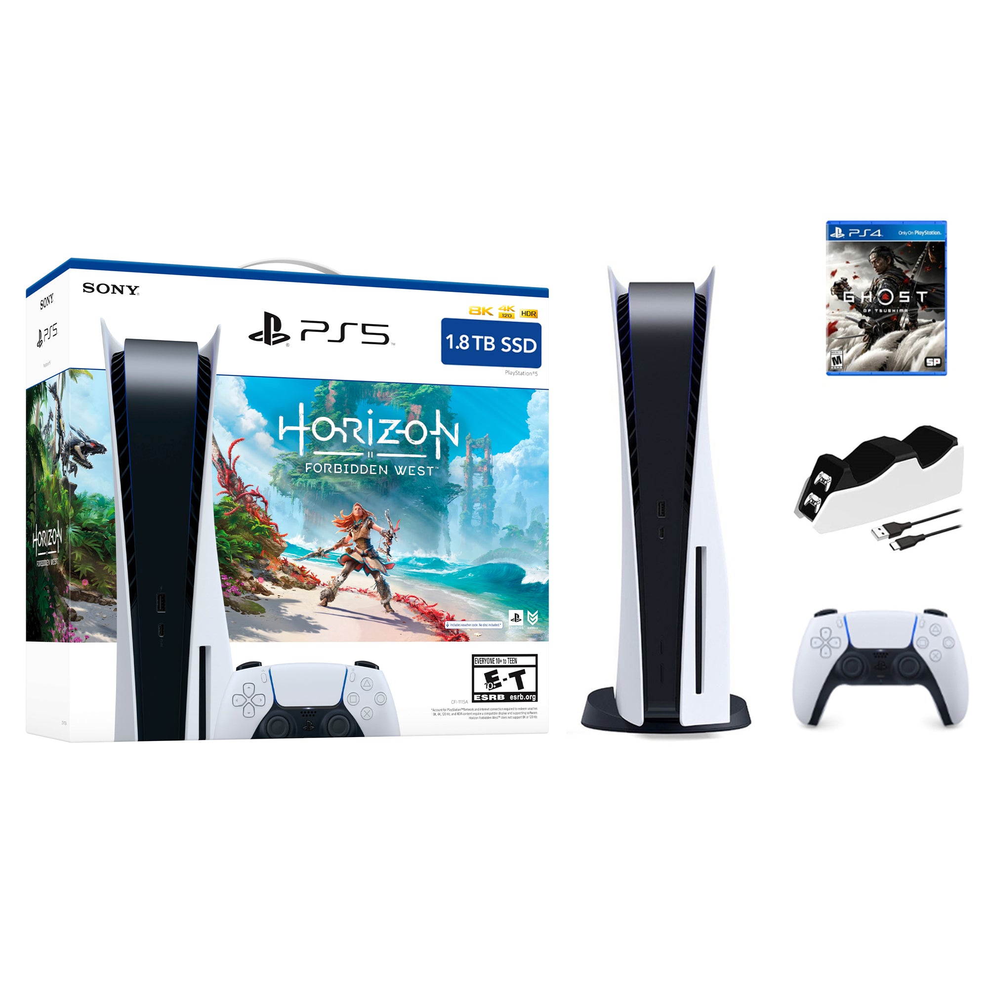 Playstation 5 1.8TB Upgraded Horizon Forbidden West Bundle with Ghost of Tsushima and Mytrix Controller Charger