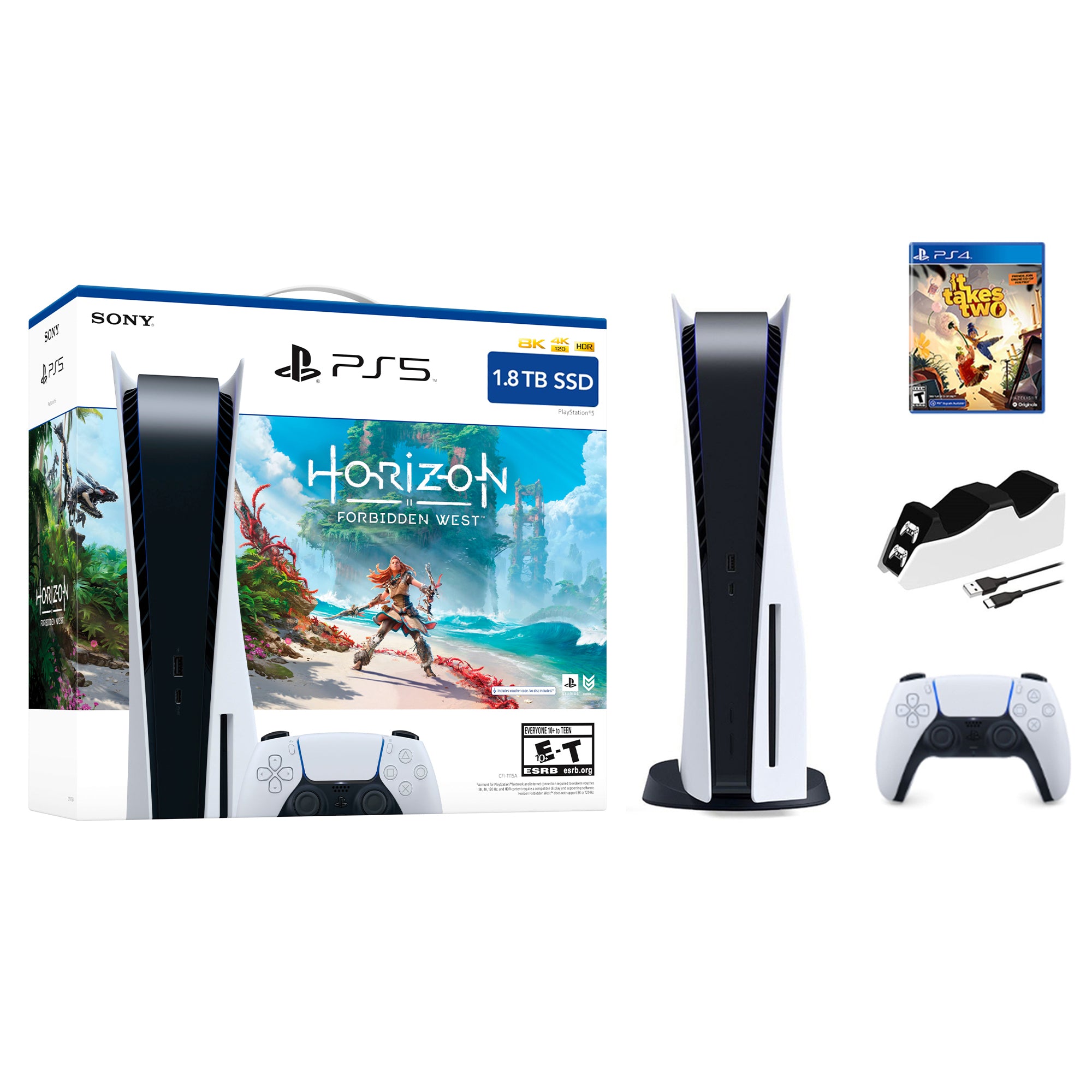 Playstation 5 1.8TB Upgraded Horizon Forbidden West Bundle with It Takes 2 and Mytrix Controller Charger