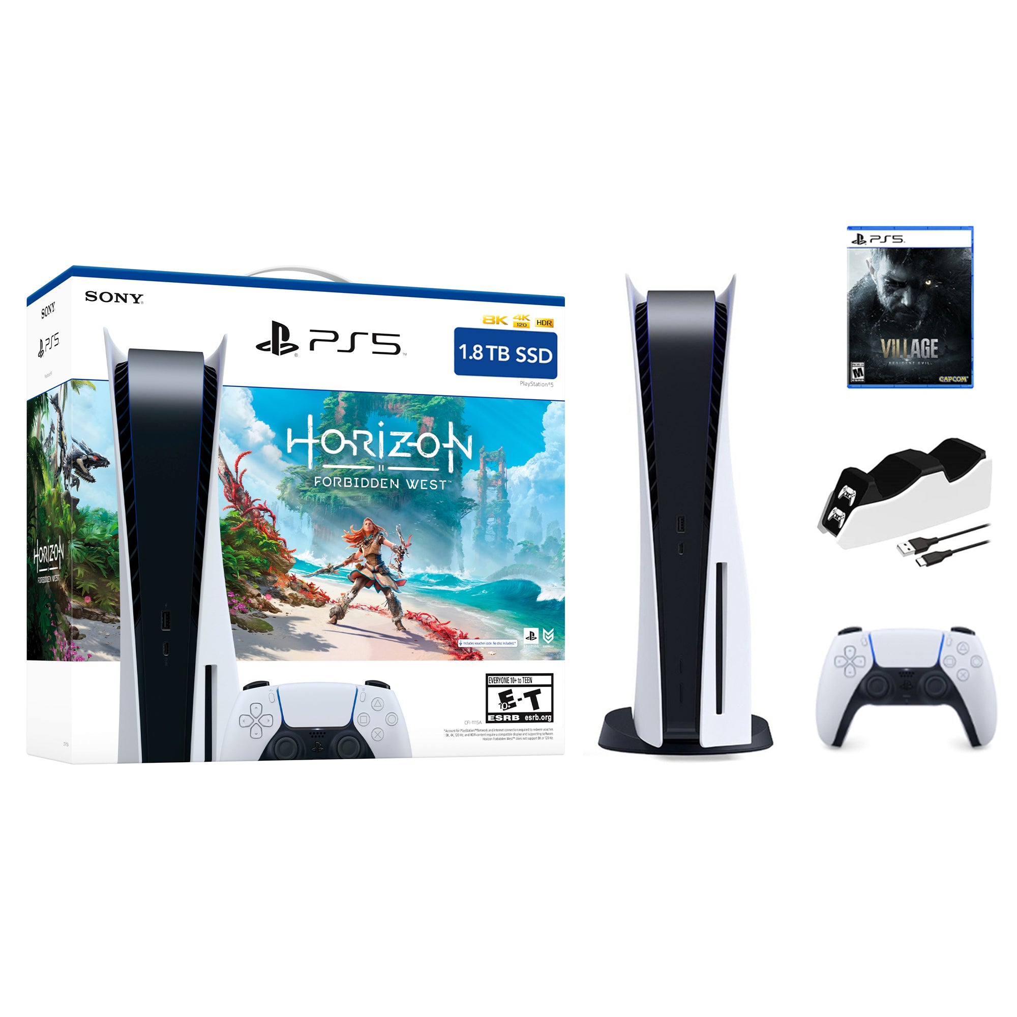 Playstation 5 1.8TB Upgraded Horizon Forbidden West Bundle with Resident Evil 8 and Mytrix Controller Charger