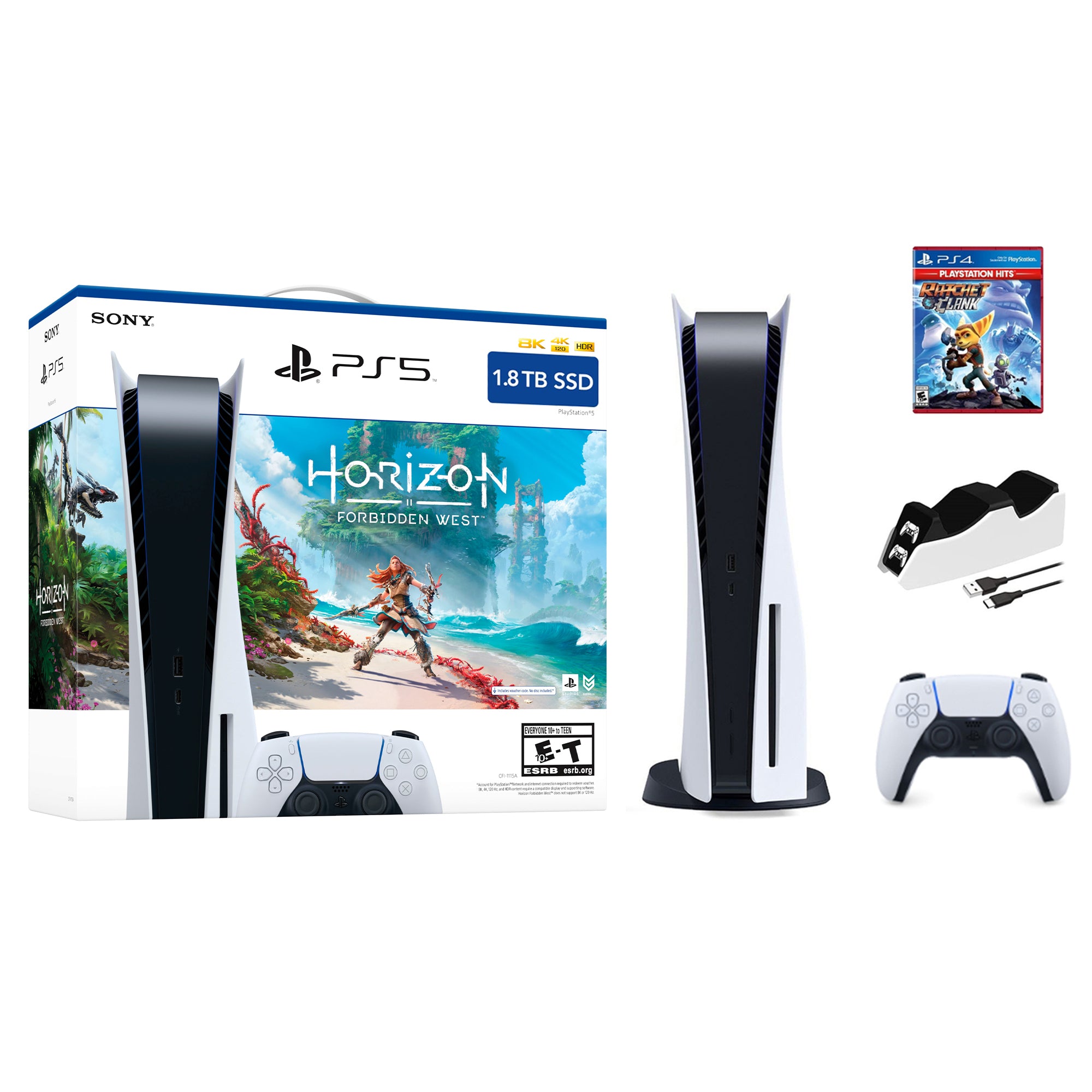 Playstation 5 1.8TB Upgraded Horizon Forbidden West Bundle with Ratchet & Clank and Mytrix Controller Charger