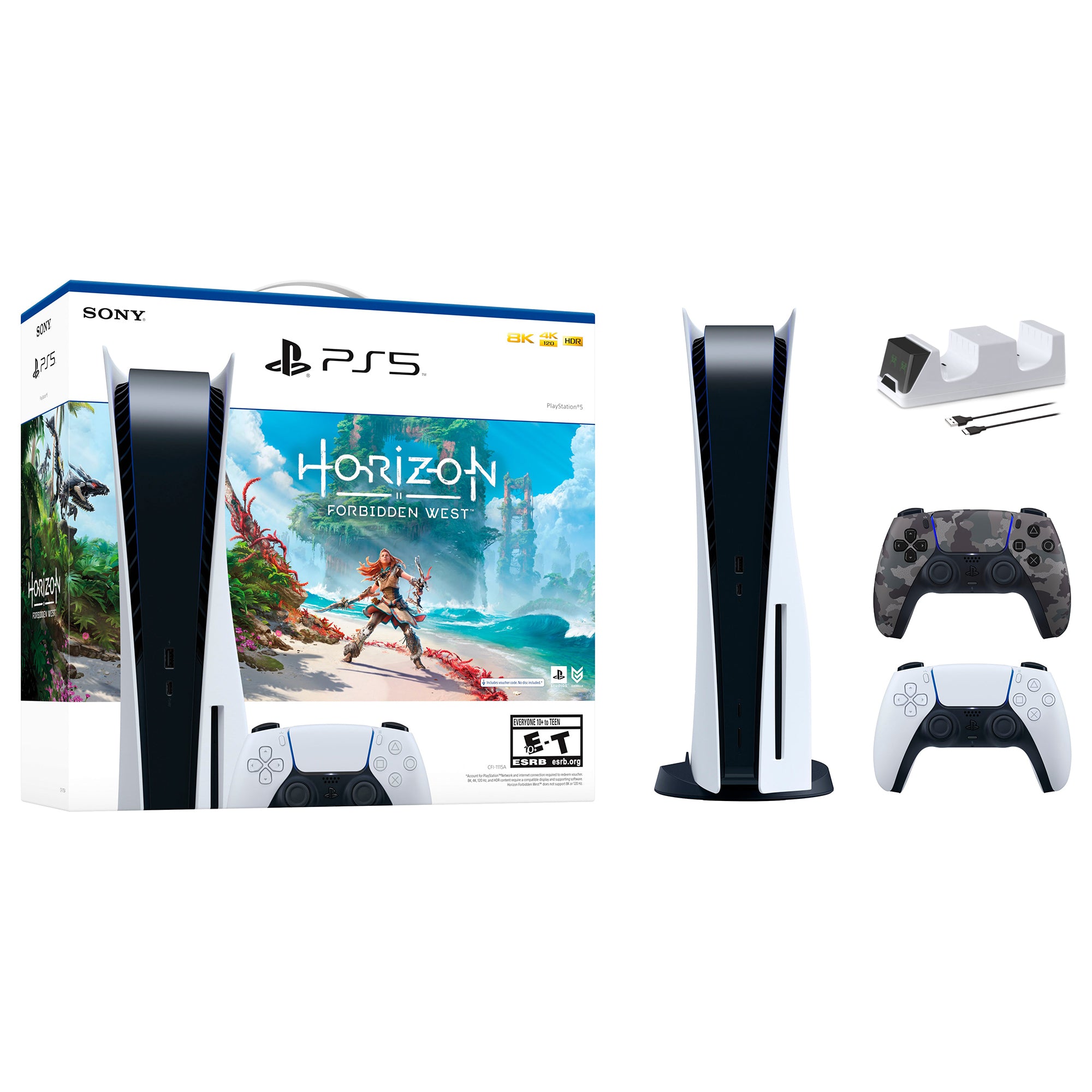PlayStation 5 Disc Edition Horizon Forbidden West Bundle with Two Controllers White and Gray Camouflage DualSense and Mytrix Dual Controller Charger