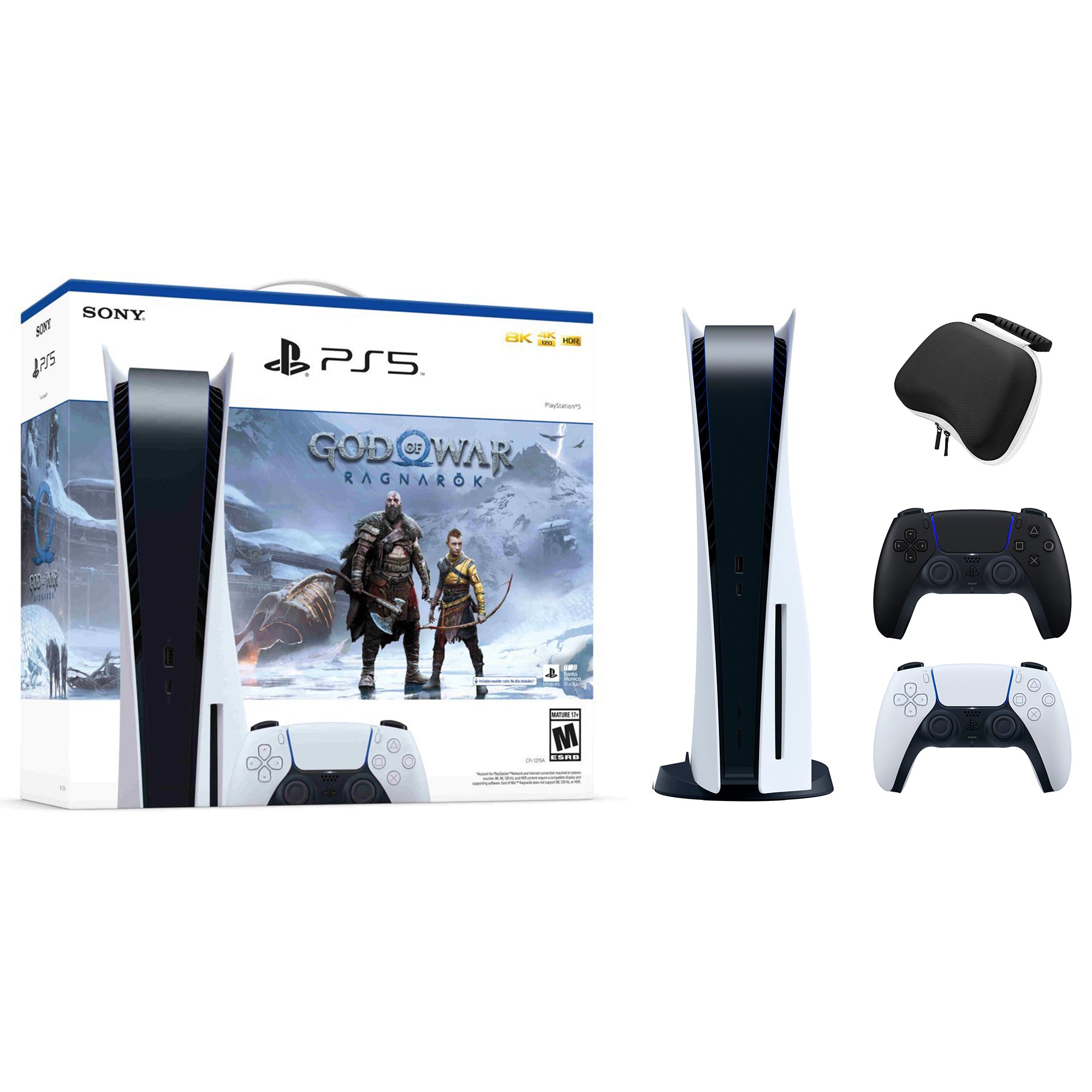 PlayStation 5 Disc Edition God of War Ragnarok Bundle with Two Controllers White and Midnight Black DualSense and Mytrix Hard Shell Protective Controller Case