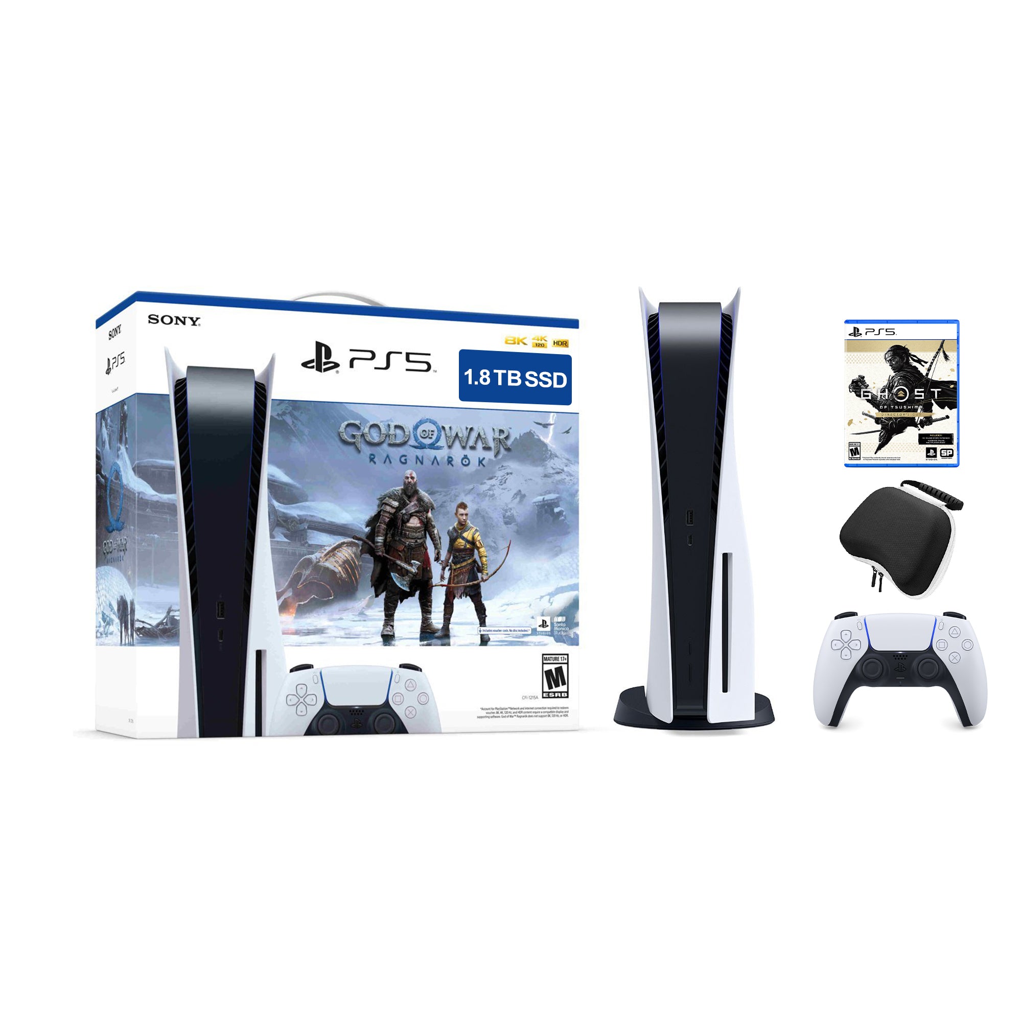 PlayStation 5 Upgraded 1.8TB Disc Edition God of War Ragnarok Bundle with Ghost of Tsushima Director's Cut and Mytrix Controller Case