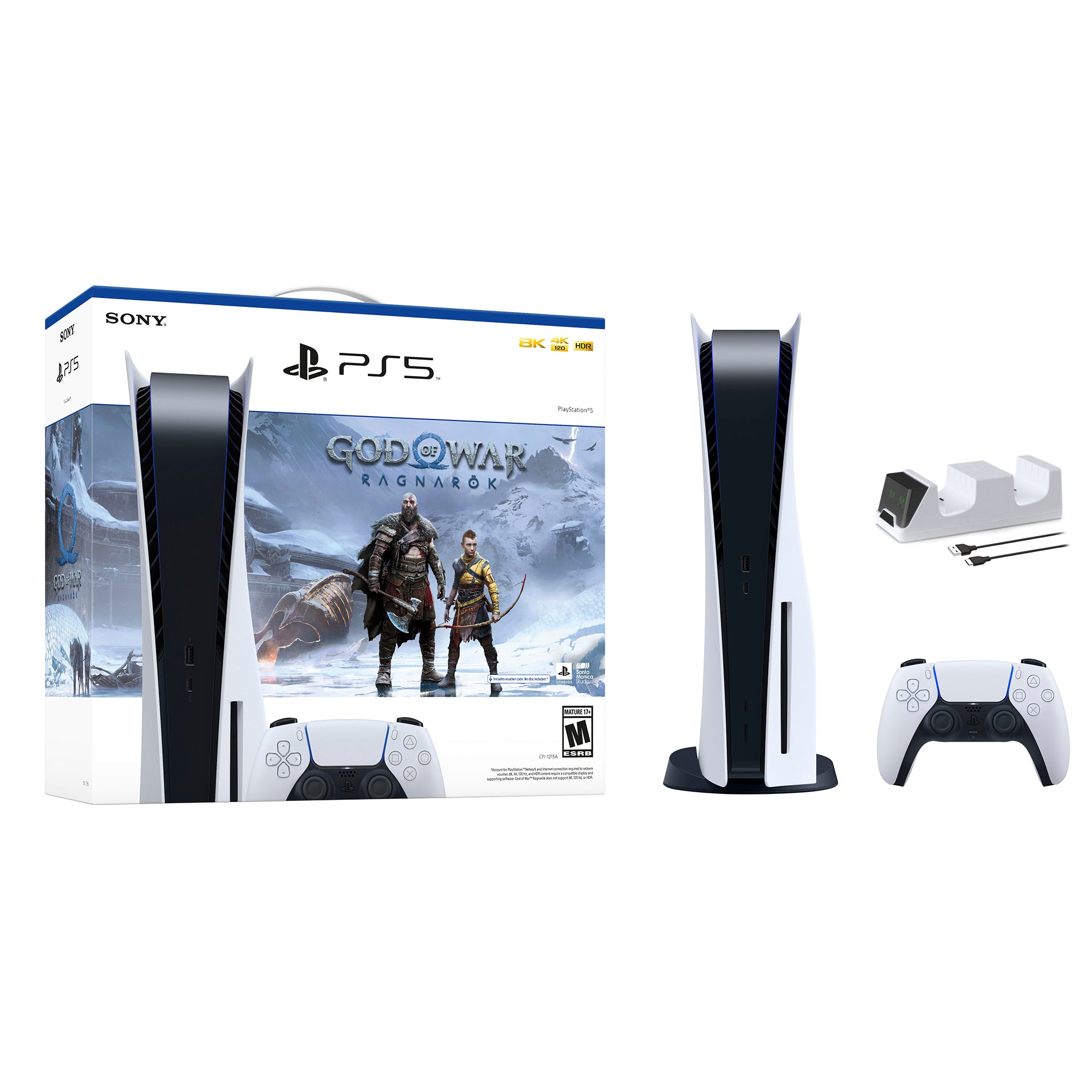 PlayStation 5 Disc Edition God of War Ragnarok Bundle and Mytrix Controller Charger - White, PS5 825GB Gaming Console
