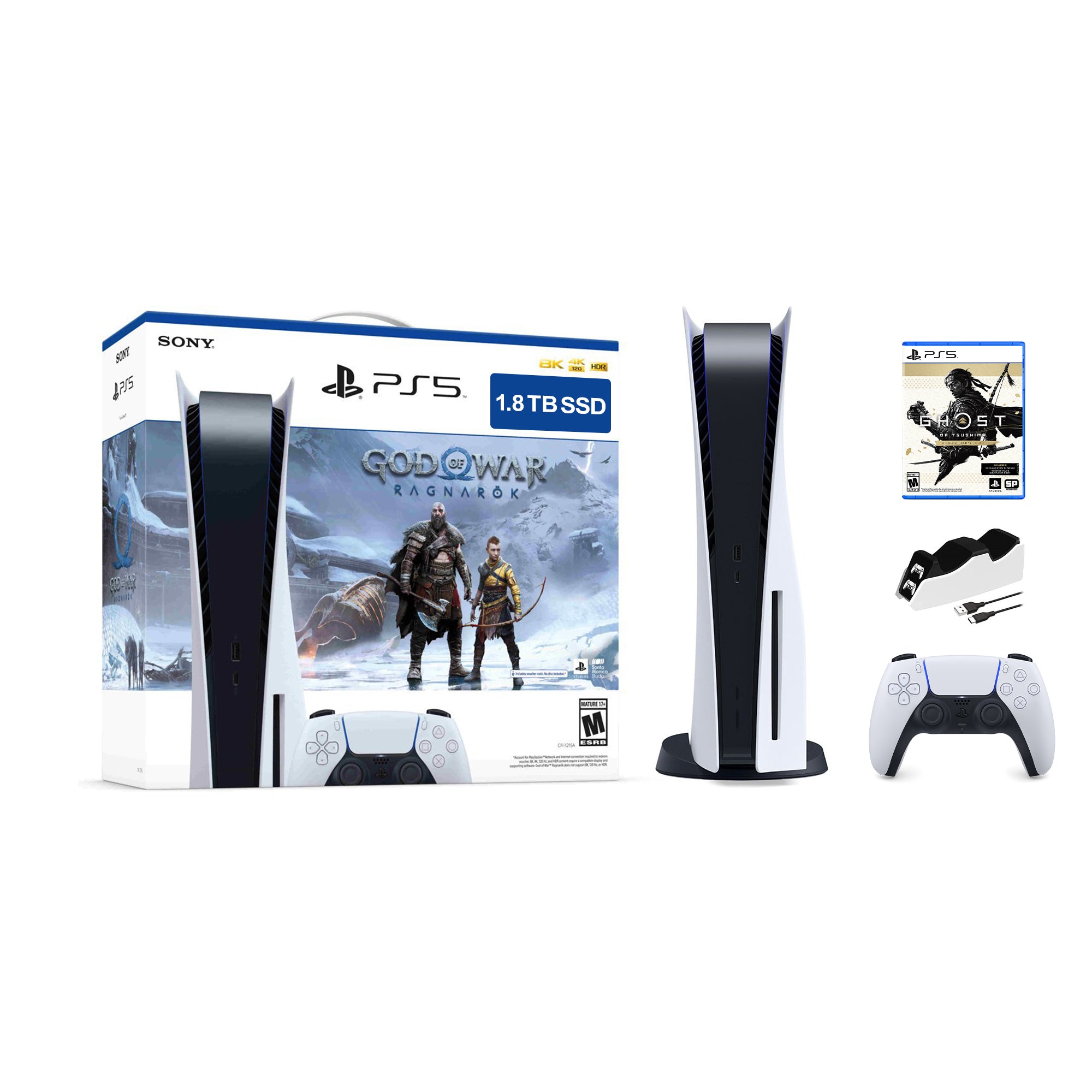 PlayStation 5 Upgraded 1.8TB Disc Edition God of War Ragnarok Bundle with Ghost of Tsushima and Mytrix Controller Charger