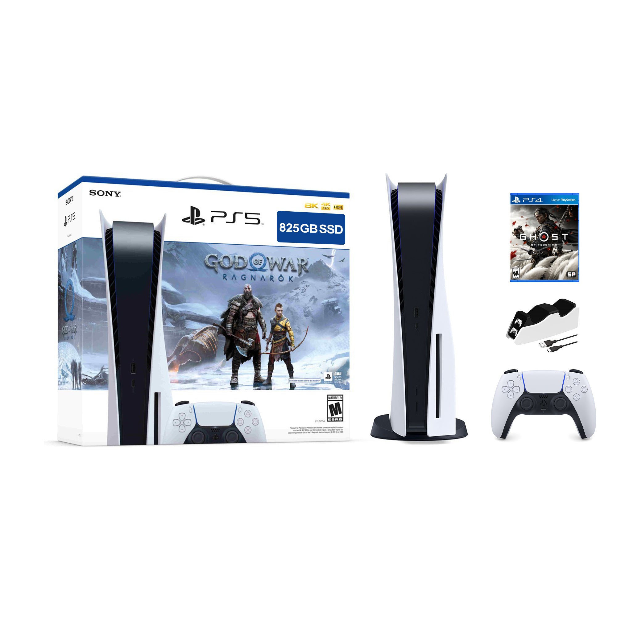 PlayStation 5 Disc Edition God of War Ragnarok Bundle with Ghost of Tsushima and Mytrix Controller Charger