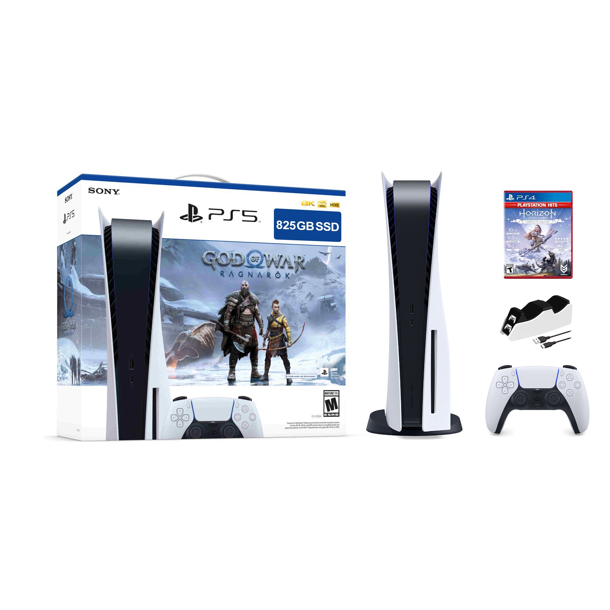PlayStation 5 Disc Edition God of War Ragnarok Bundle with Horizon Zero Dawn and Mytrix Controller Charger