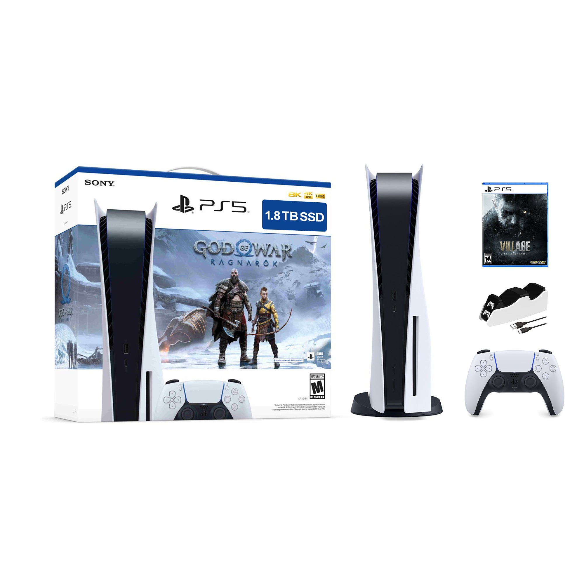 PlayStation 5 Upgraded 1.8TB Disc Edition God of War Ragnarok Bundle with Resident Evil 8 and Mytrix Controller Charger