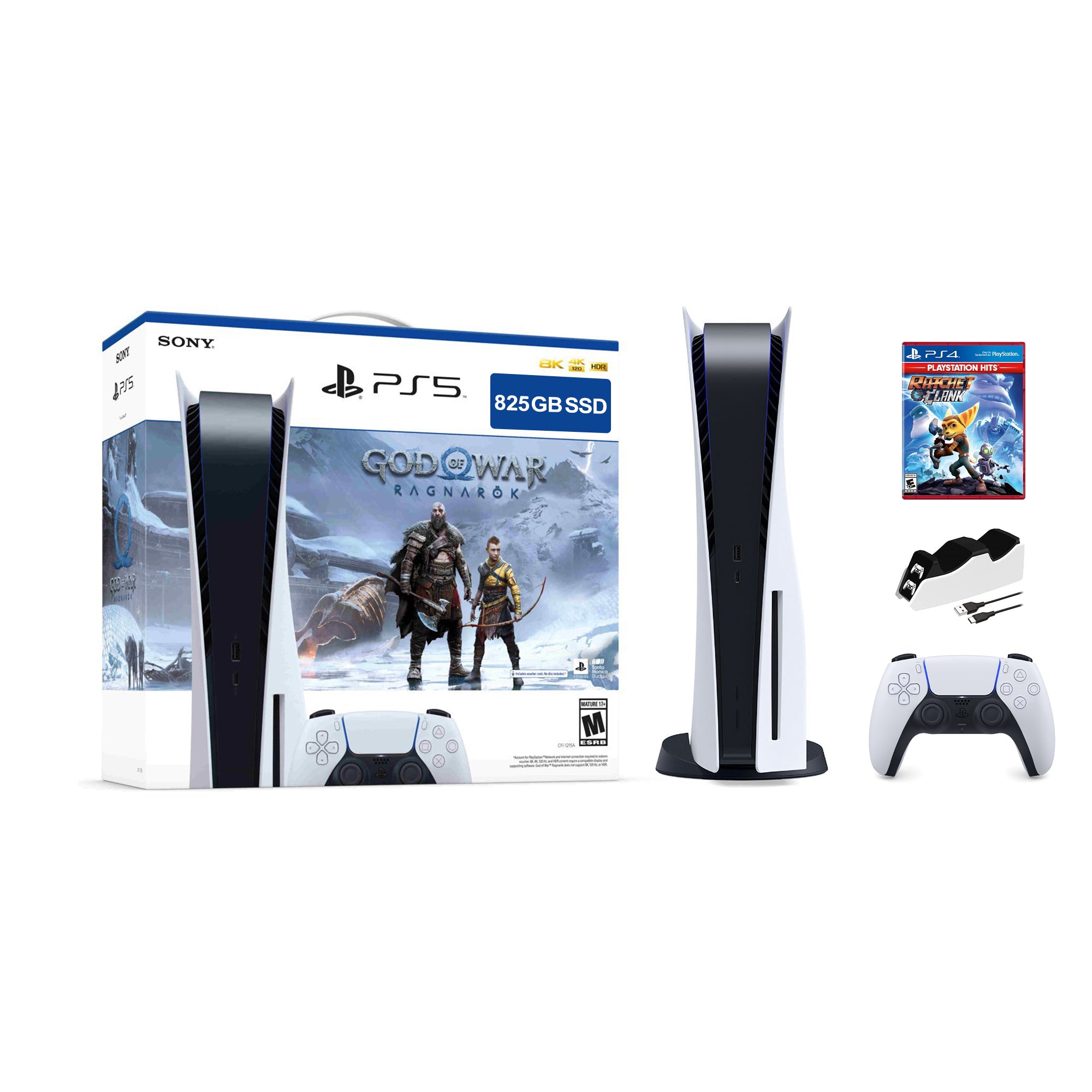 PlayStation 5 Disc Edition God of War Ragnarok Bundle with Ratchet & Clank and Mytrix Controller Charger