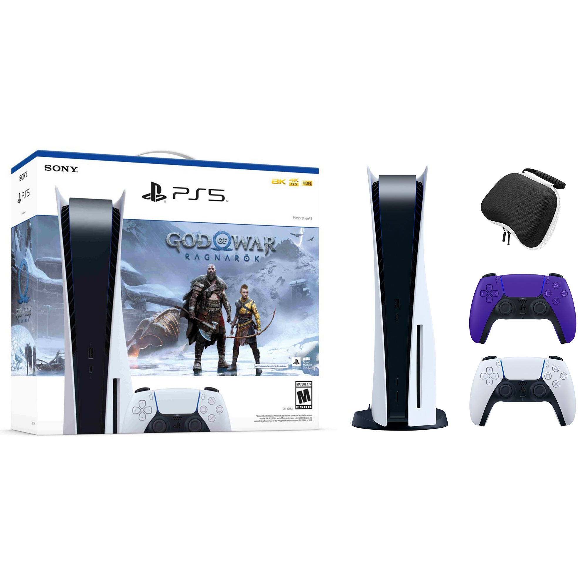 PlayStation 5 Disc Edition God of War Ragnarok Bundle with Two Controllers White and Galactic Purple DualSense and Mytrix Hard Shell Protective Controller Case