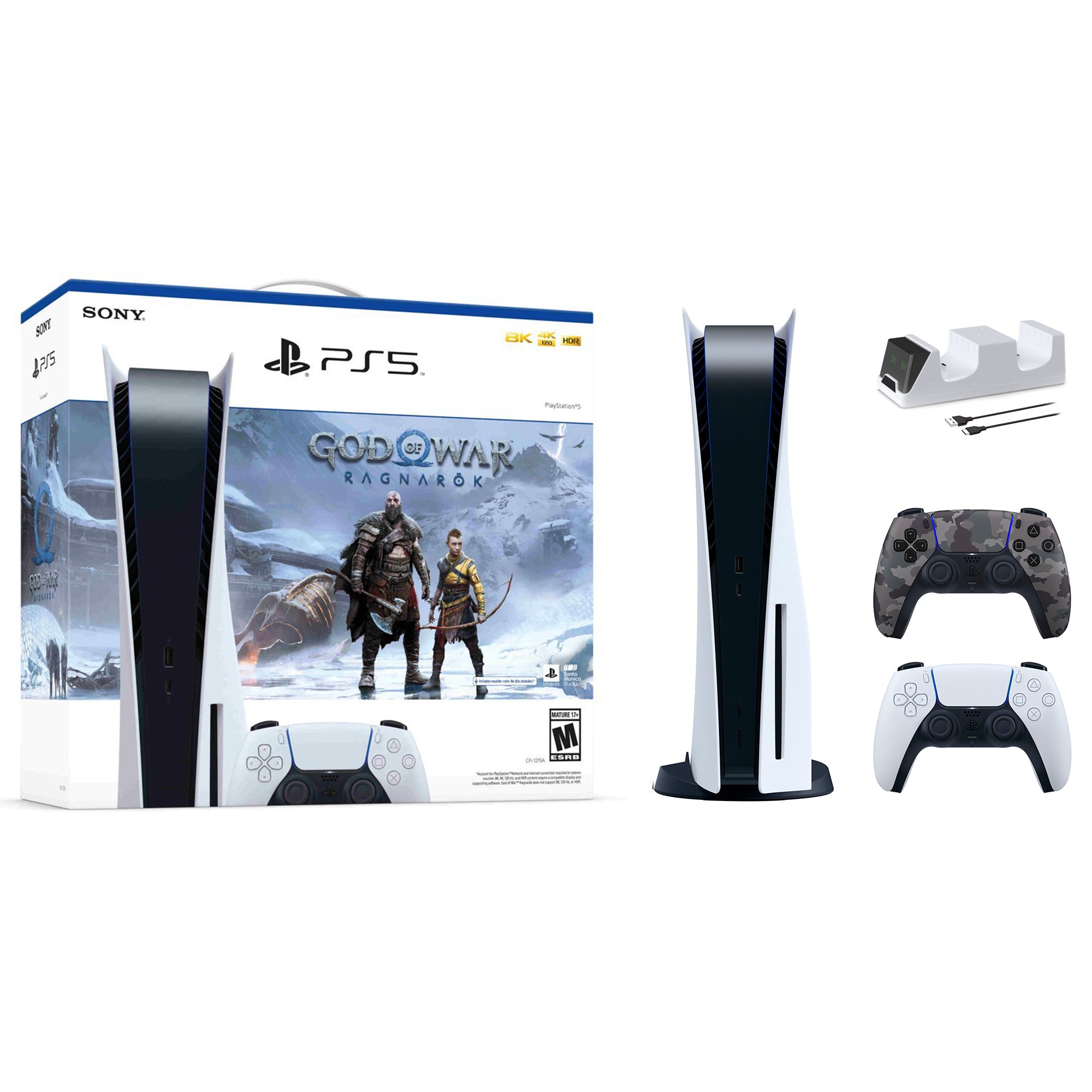 PlayStation 5 Disc Edition God of War Ragnarok Bundle with Two Controllers White and Gray Camouflage DualSense and Mytrix Dual Controller Charger