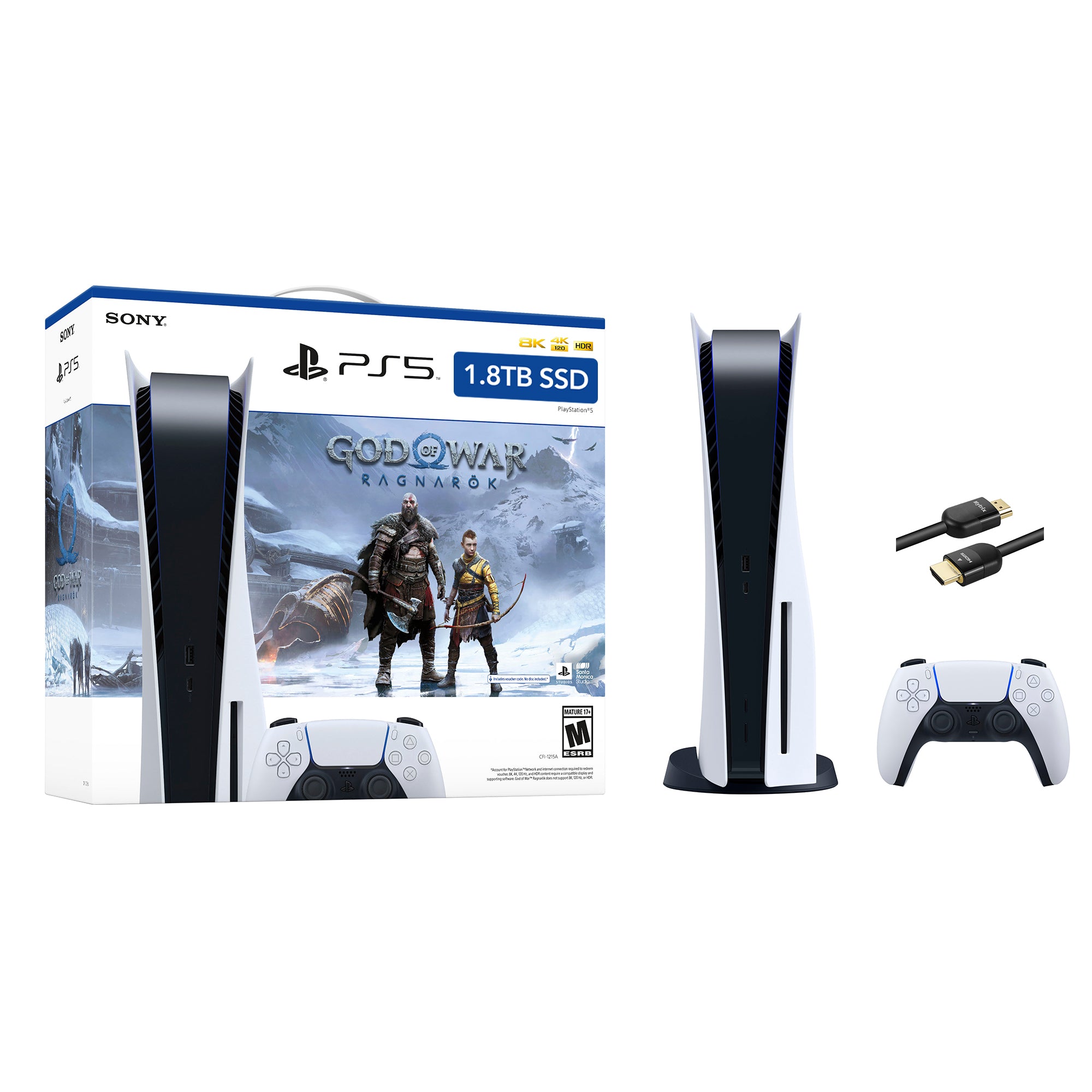 PlayStation 5 Upgraded 1.8TB Disc Edition God of War Ragnarok Bundle and Mytrix 8K HDMI Ultra High Speed Cable - White, PS5 Gaming Console