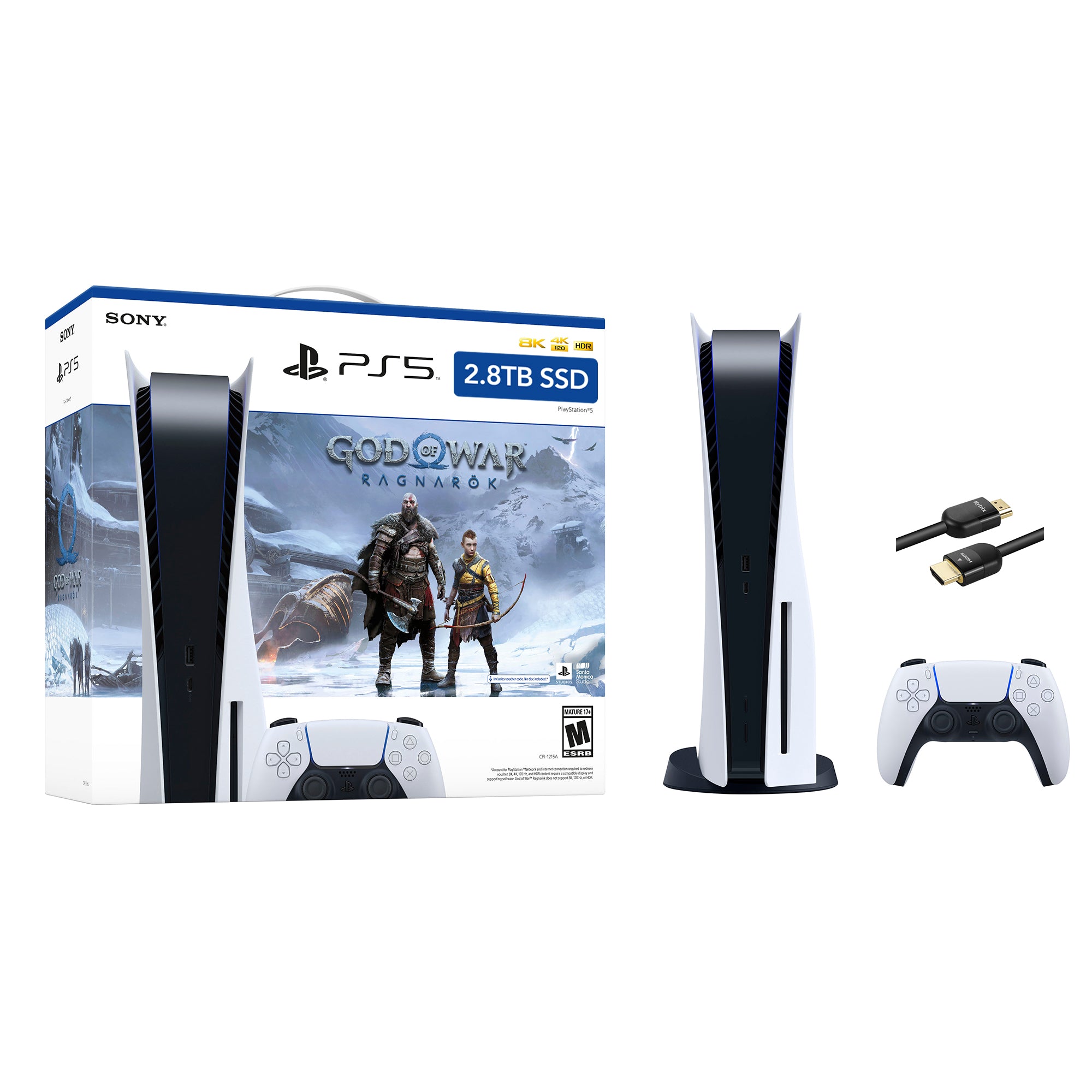 PlayStation 5 Upgraded 2.8TB Disc Edition God of War Ragnarok Bundle and Mytrix 8K HDMI Ultra High Speed Cable - White, PS5 Gaming Console