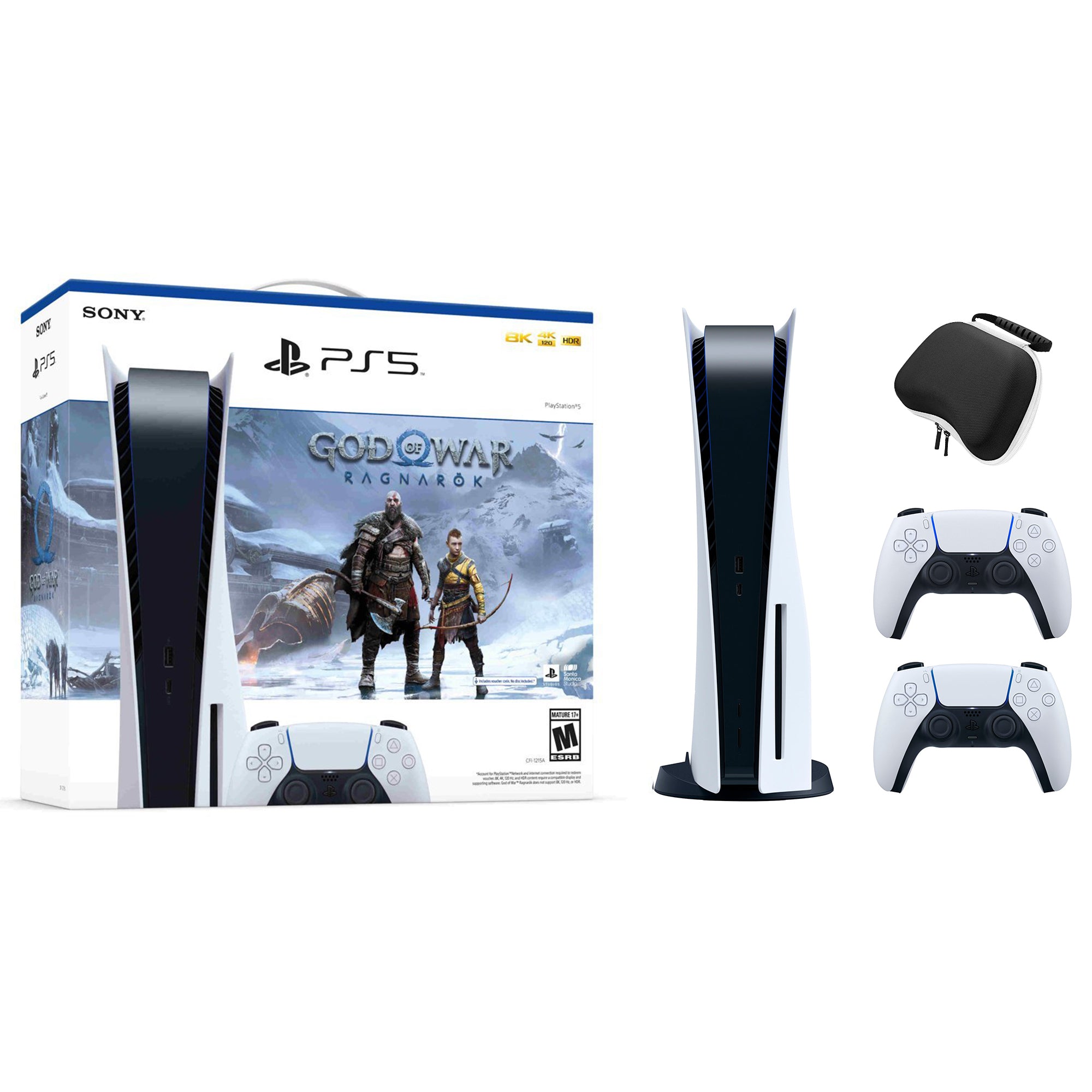 PlayStation 5 Disc Edition God of War Ragnarok Bundle with Two DualSense Controllers and Mytrix Hard Shell Protective Controller Case