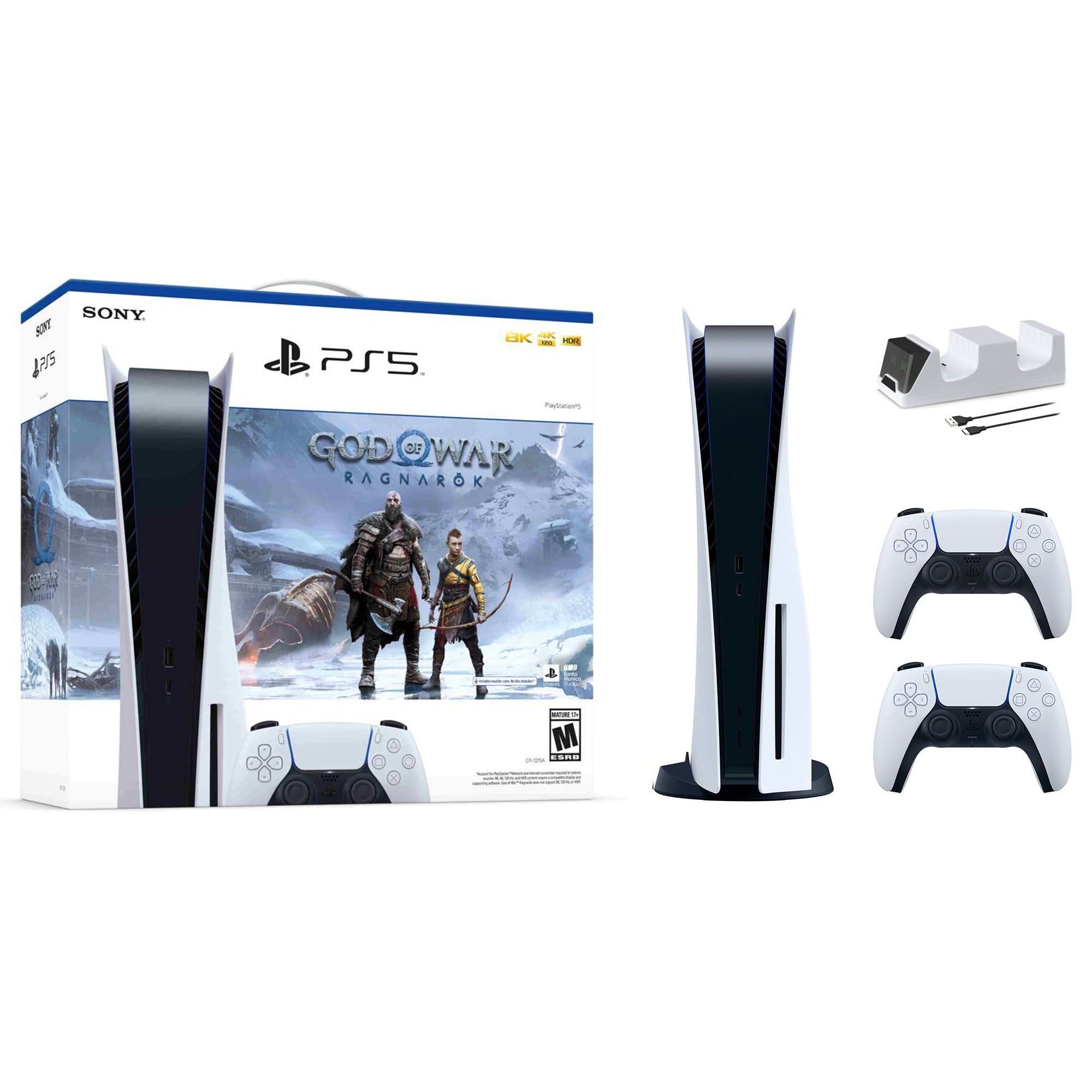 PlayStation 5 Disc Edition God of War Ragnarok Bundle with Two DualSense Controllers and Mytrix Dual Controller Charger