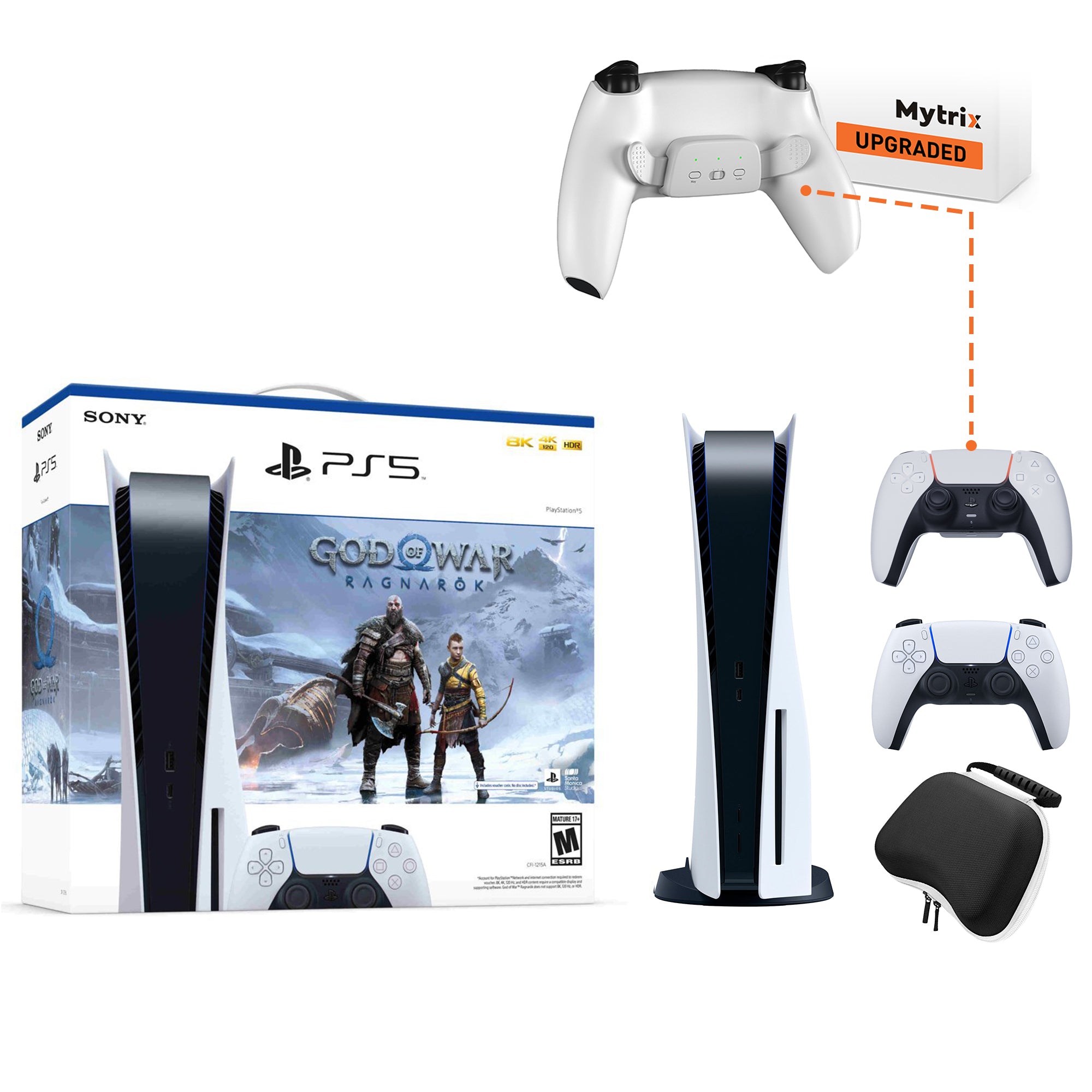 PlayStation 5 Disc Edition God of War Ragnarok Bundle, an Additional Mytrix Upgraded PS5 Controller with Remappable Back Paddles and Turbo Function, and Hard Shell Protective Controller Case