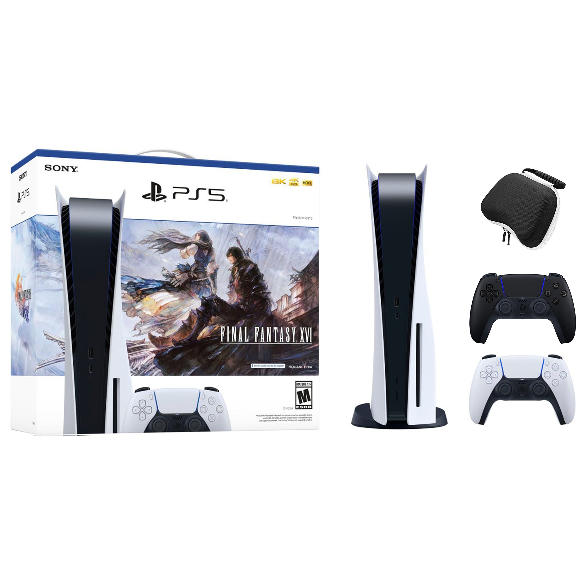 PlayStation 5 Disc Edition FINAL FANTASY XVI Bundle with Two Controllers White and Midnight Black DualSense and Mytrix Hard Shell Protective Controller Case - PS5 Gaming Console