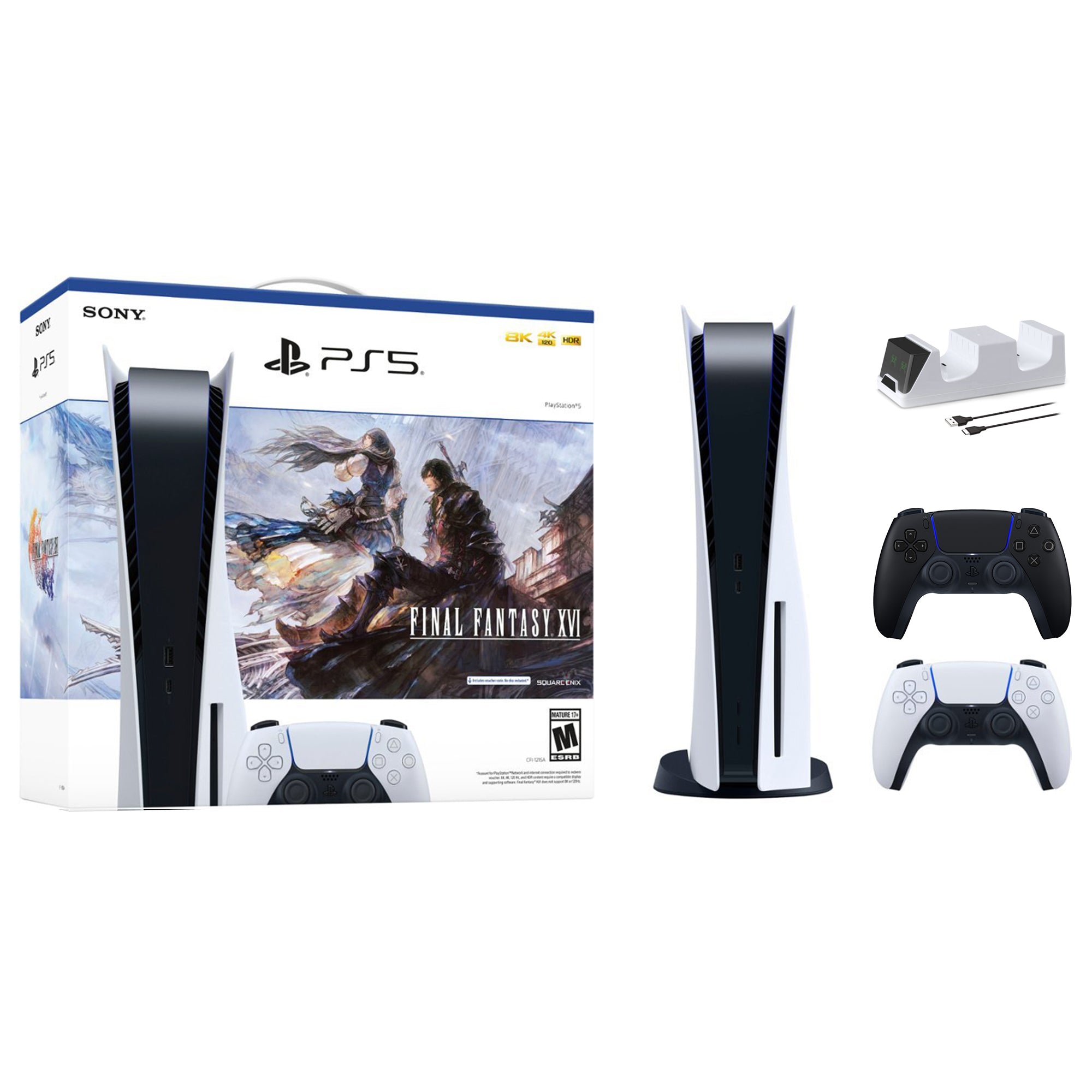 PlayStation 5 Disc Edition FINAL FANTASY XVI Bundle with Two Controllers White and Midnight Black DualSense and Mytrix Dual Controller Charger - PS5 Gaming Console