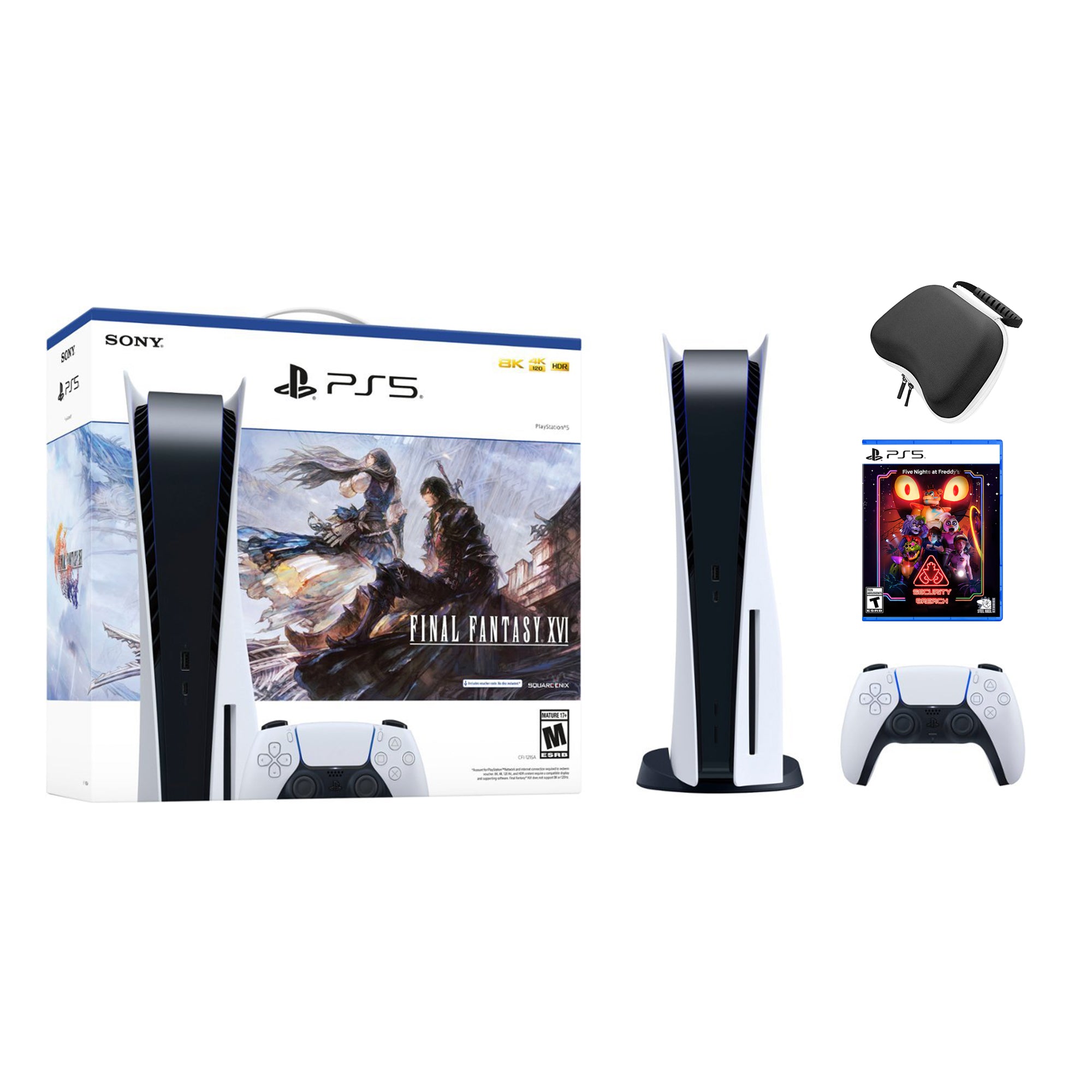 Playstation 5 Disc Edition FINAL FANTASY XVI Bundle with Five Nights at Freddy's Security Breach and Mytrix Controller Case - PS5, White