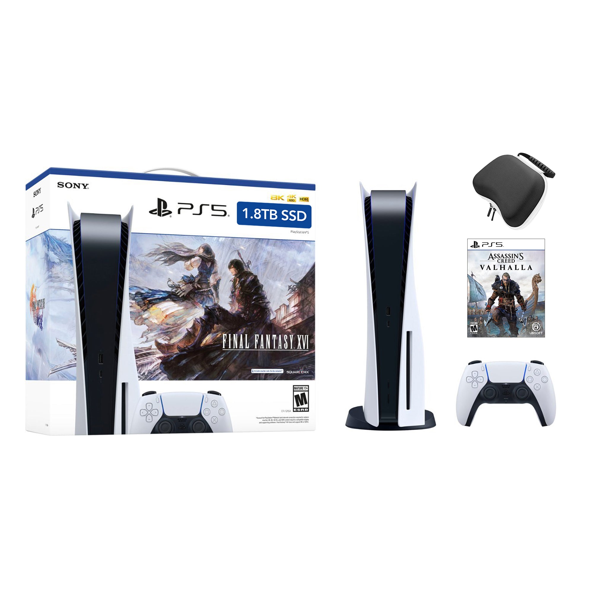 PlayStation 5 Upgraded 1.8TB Disc Edition FINAL FANTASY XVI Bundle with Assassin's Creed Valhalla and Mytrix Controller Case - PS5, White