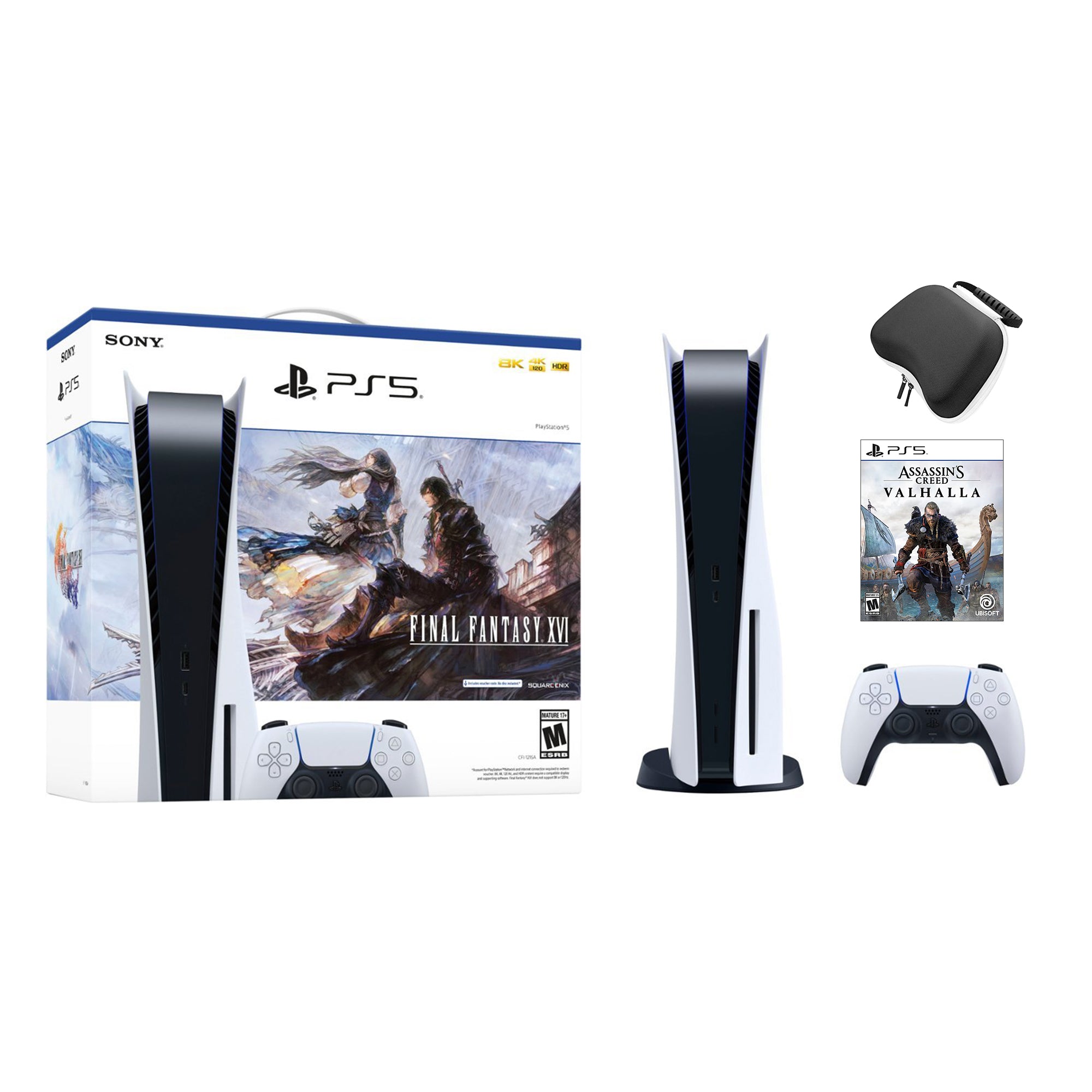 Playstation 5 Disc Edition FINAL FANTASY XVI Bundle with Assassin's Creed Valhalla and Mytrix Controller Case - PS5, White