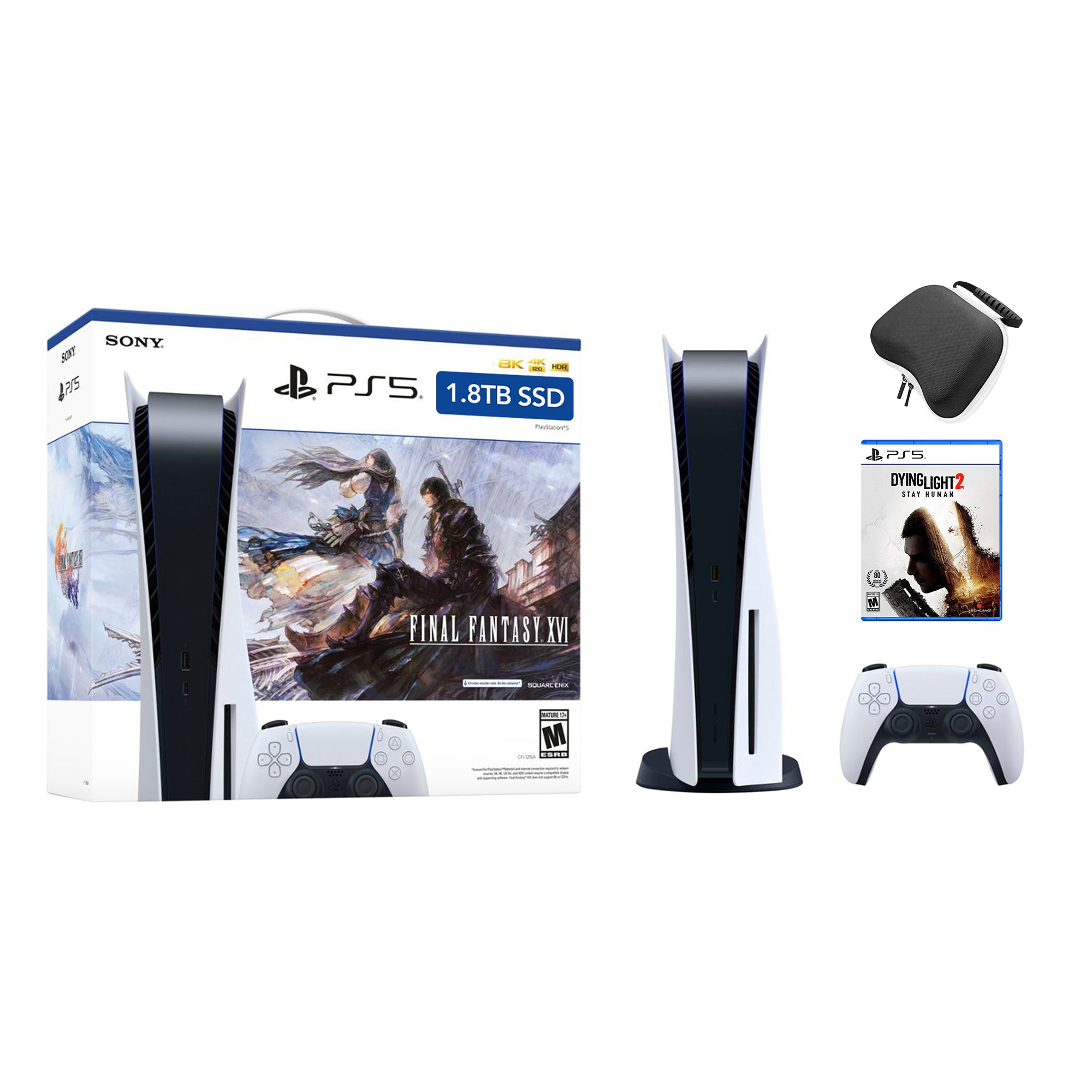 PlayStation 5 Upgraded 1.8TB Disc Edition FINAL FANTASY XVI Bundle with Dying Light 2 Stay Human and Mytrix Controller Case - PS5, White
