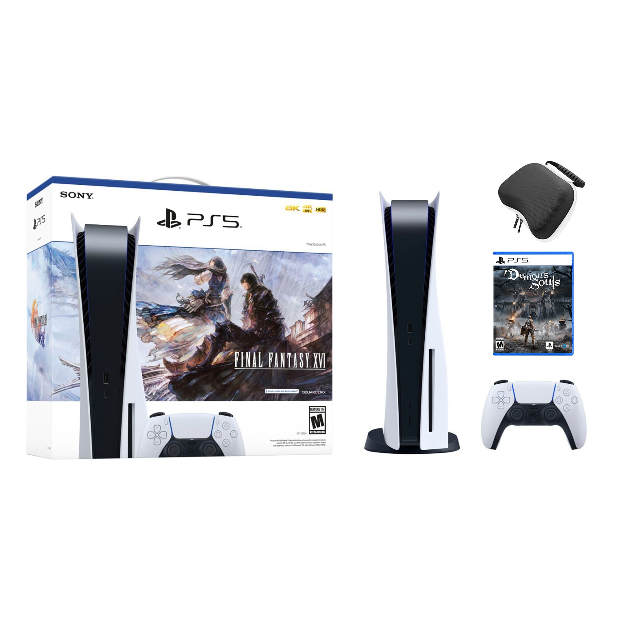 Playstation 5 Disc Edition FINAL FANTASY XVI Bundle with Demon's Soul and Mytrix Controller Case - PS5, White