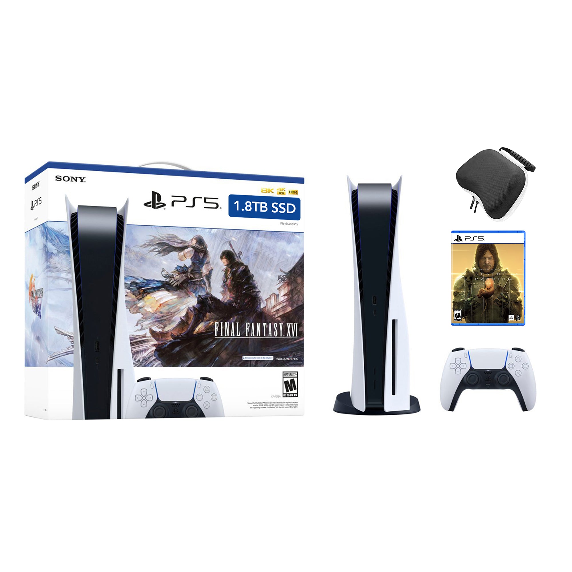 PlayStation 5 Upgraded 1.8TB Disc Edition FINAL FANTASY XVI Bundle with Death Stranding Director¡¯s Cut and Mytrix Controller Case - PS5, White