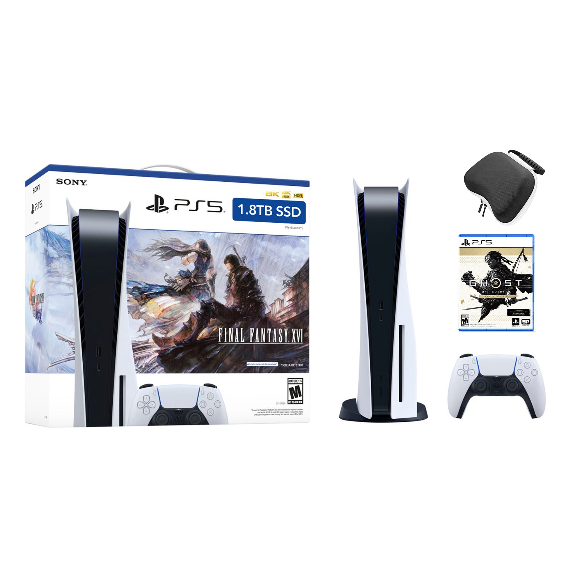PlayStation 5 Upgraded 1.8TB Disc Edition FINAL FANTASY XVI Bundle with Ghost of Tsushima Director's Cut and Mytrix Controller Case - PS5, White